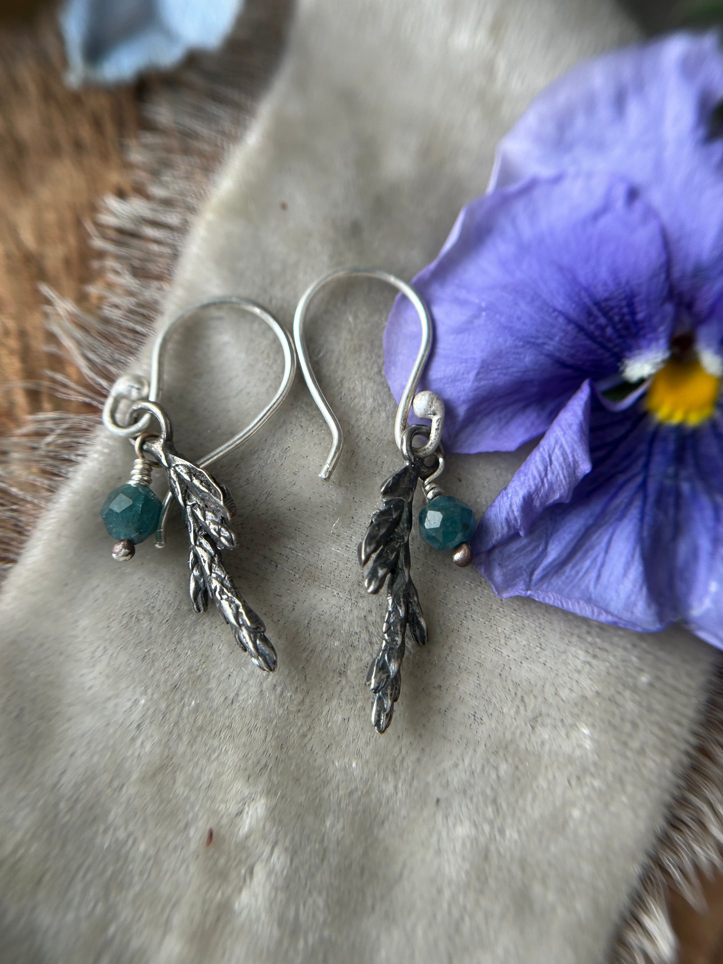 Juniper Sprig Earrings with Gem Charm- sterling silver jewelry