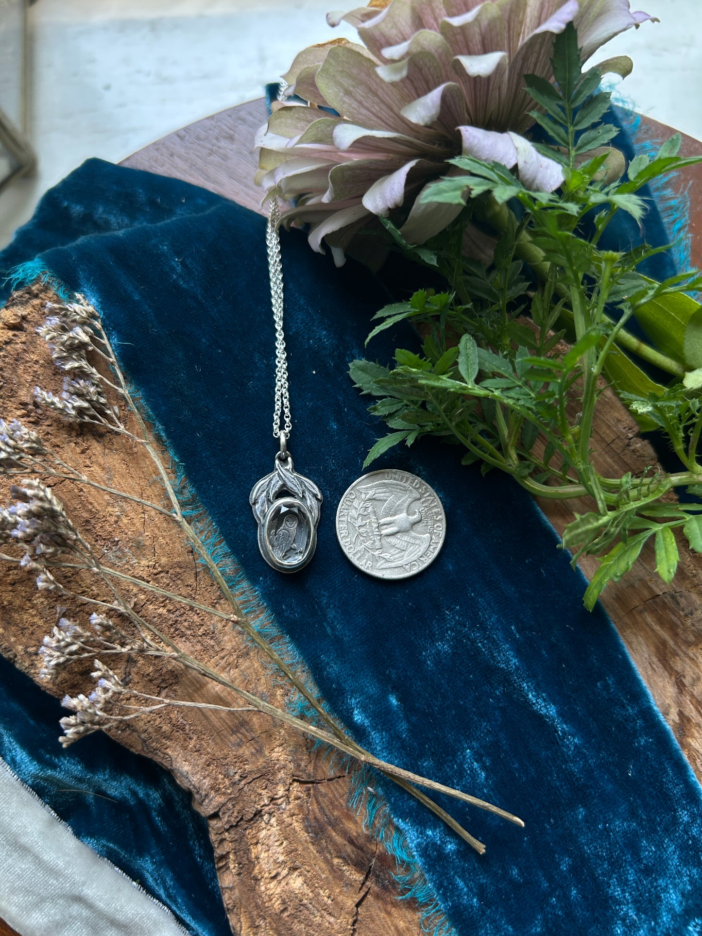 Barn Owl with Willow Tree under portrait cut quartz Necklace- sterling silver jewelry