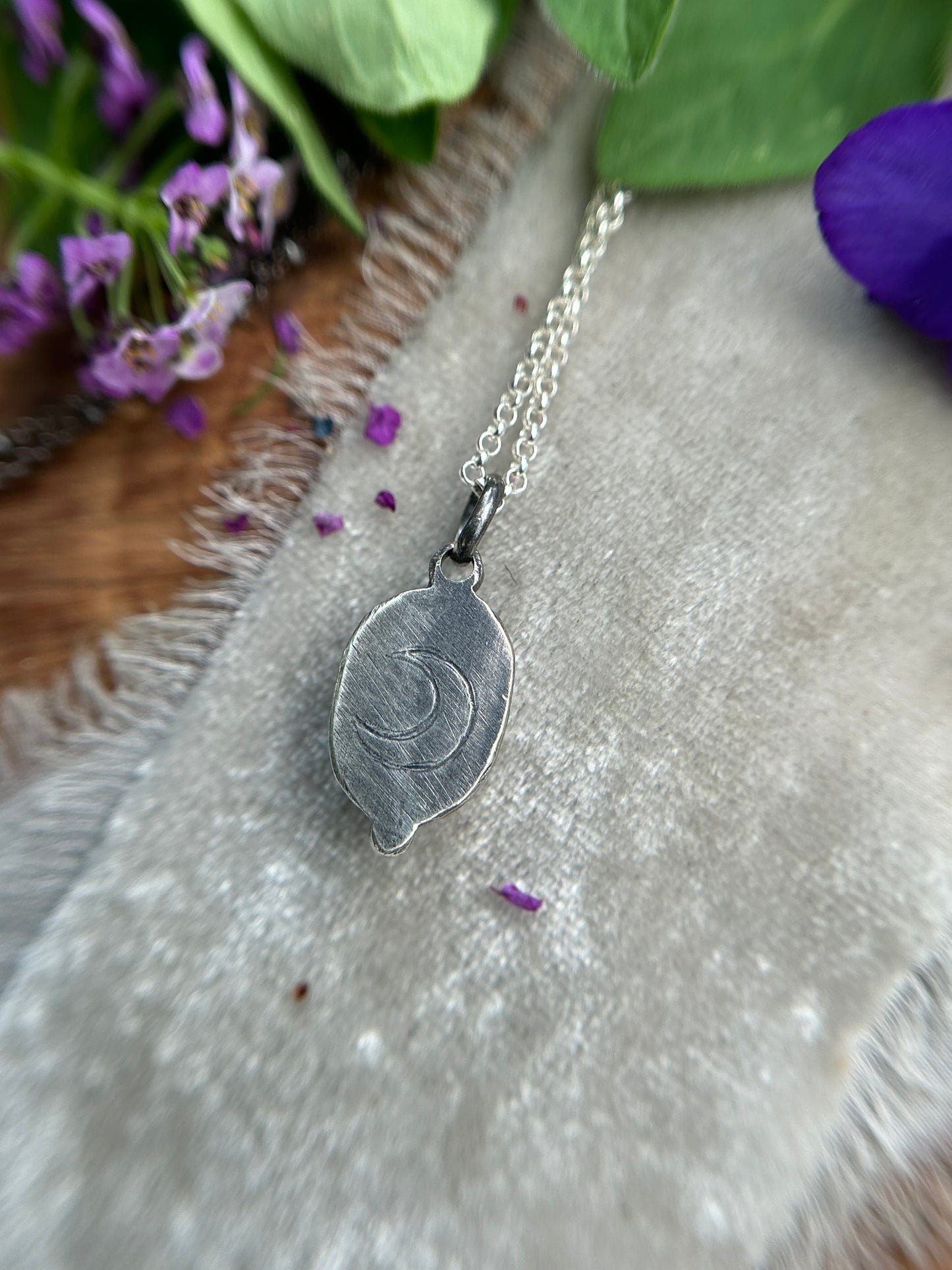 Mini amethyst with fox or moth woodland animal necklace- sterling silver jewelry
