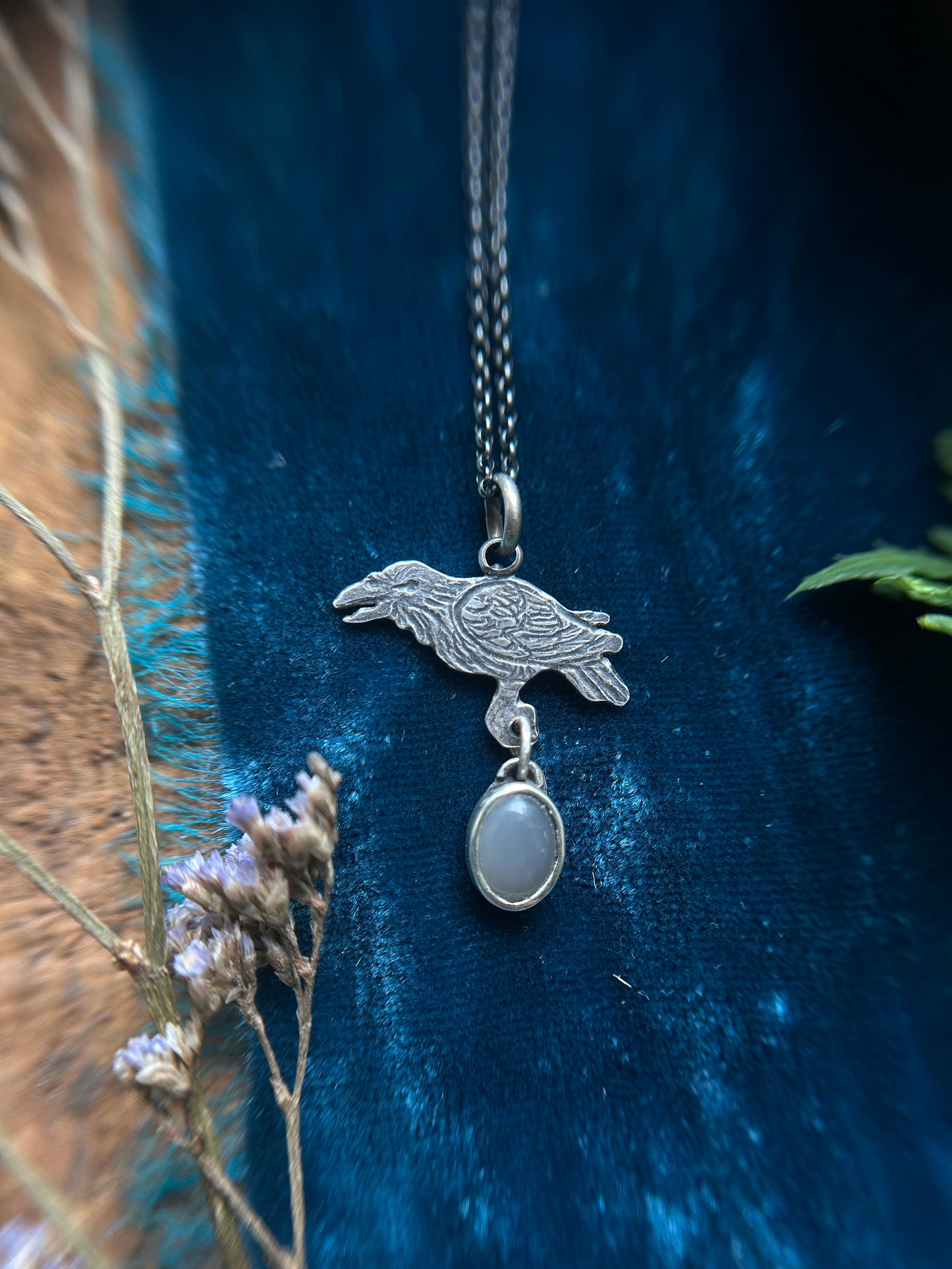 Raven with Grey Moonstone Necklace- Sterling silver jewelry