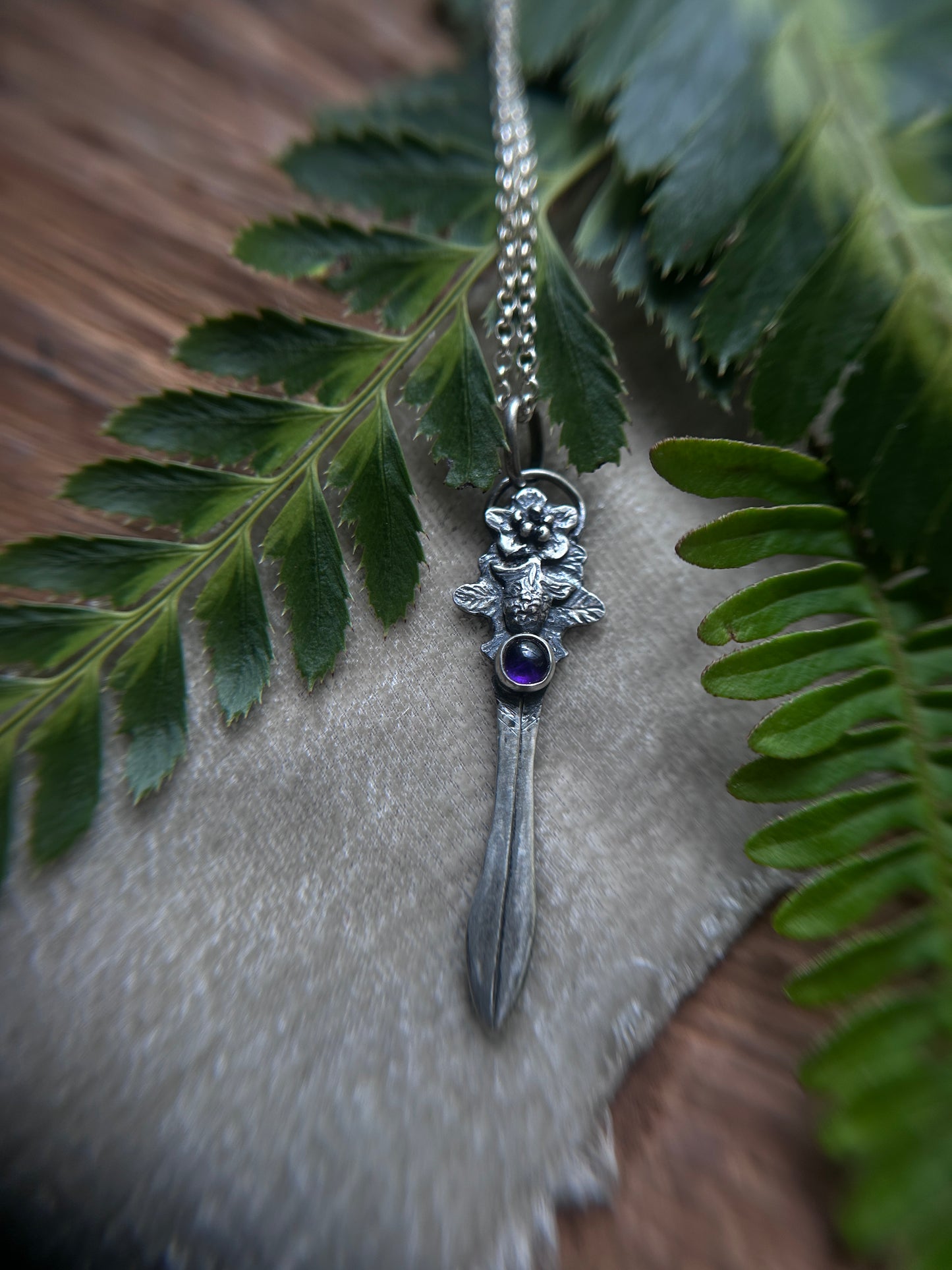 Blackberry bramble sword necklace with amethyst- Sterling silver jewelry