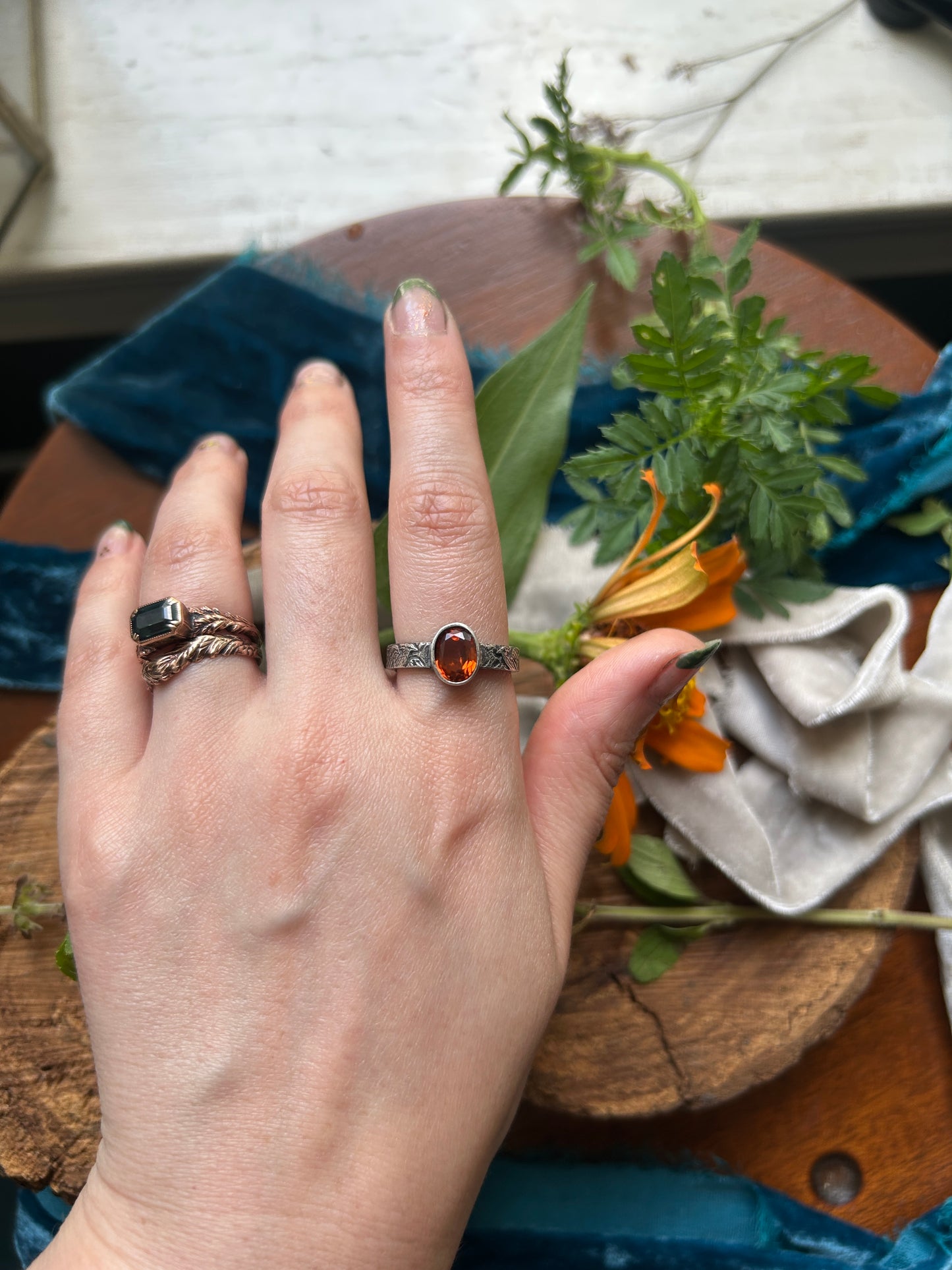Phoenix in Flight engraved ring with Hessonite Garnet- sterling silver jewelry