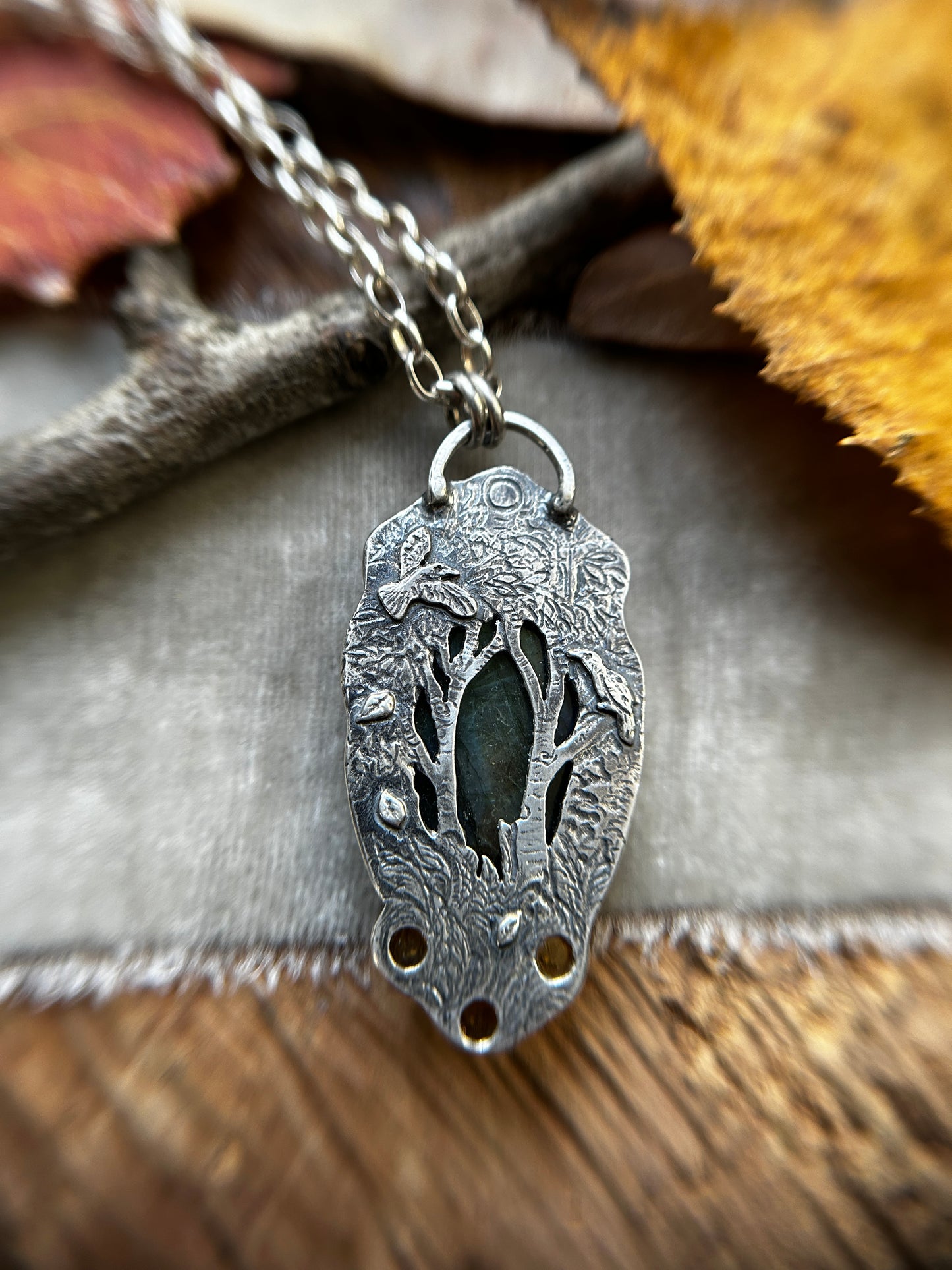 Aspen Crown Labradorite Necklace with Citrine and hidden crow forest tree back- sterling silver jewelry