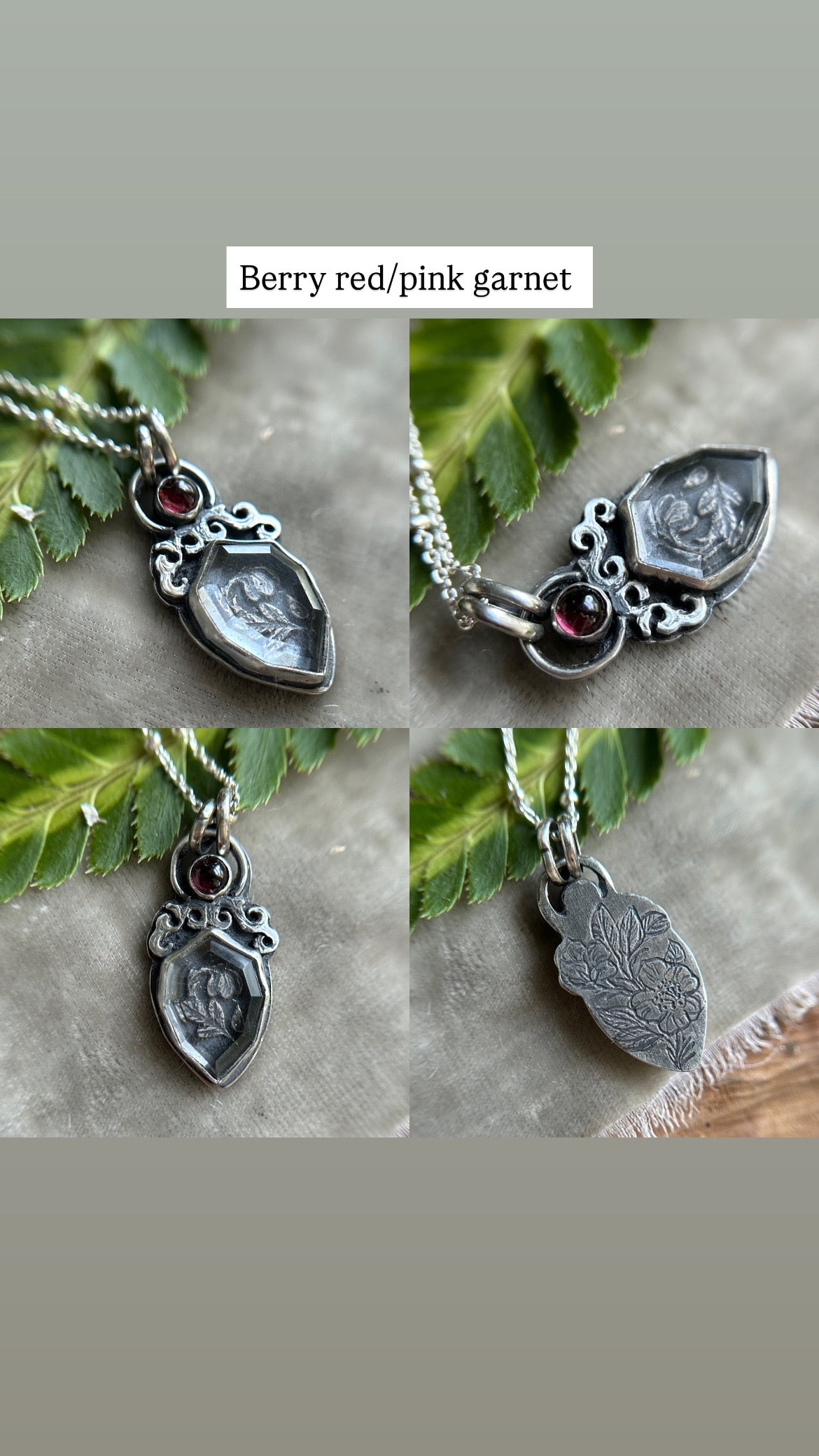 Enchanted rose necklace with portrait cut quartz & choice of garnet or rose quartz- Sterling silver jewelry