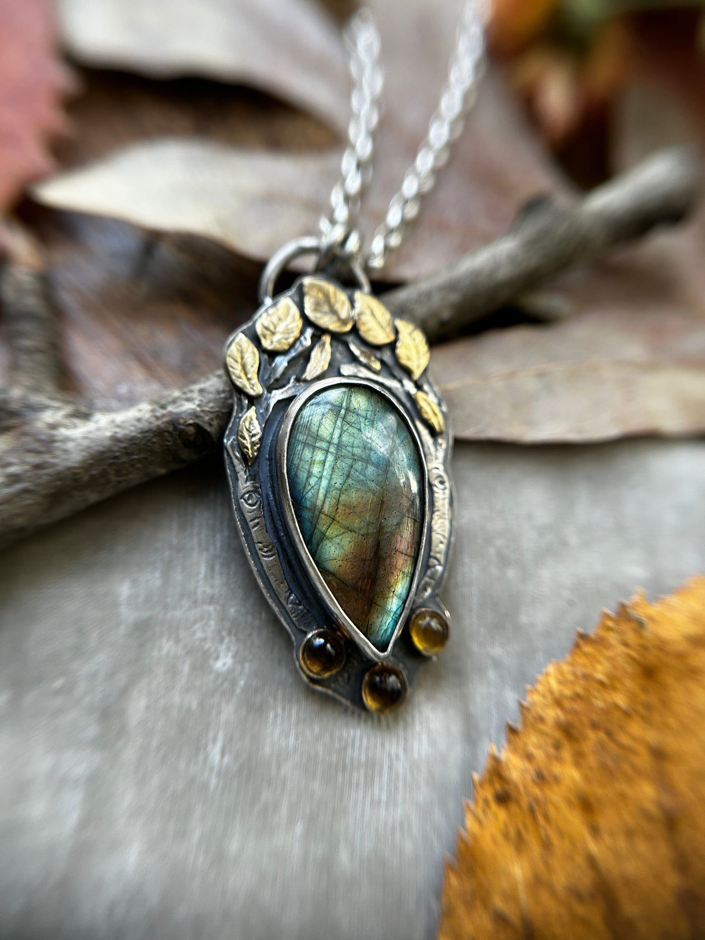 Aspen Crown Labradorite Necklace with Citrine and hidden crow forest tree back- sterling silver jewelry