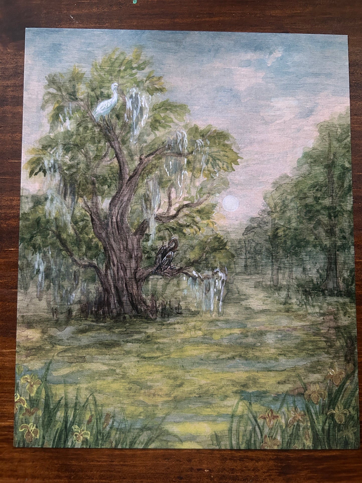 Summer in the swamp- art print of birds, cypress trees, and swamp iris
