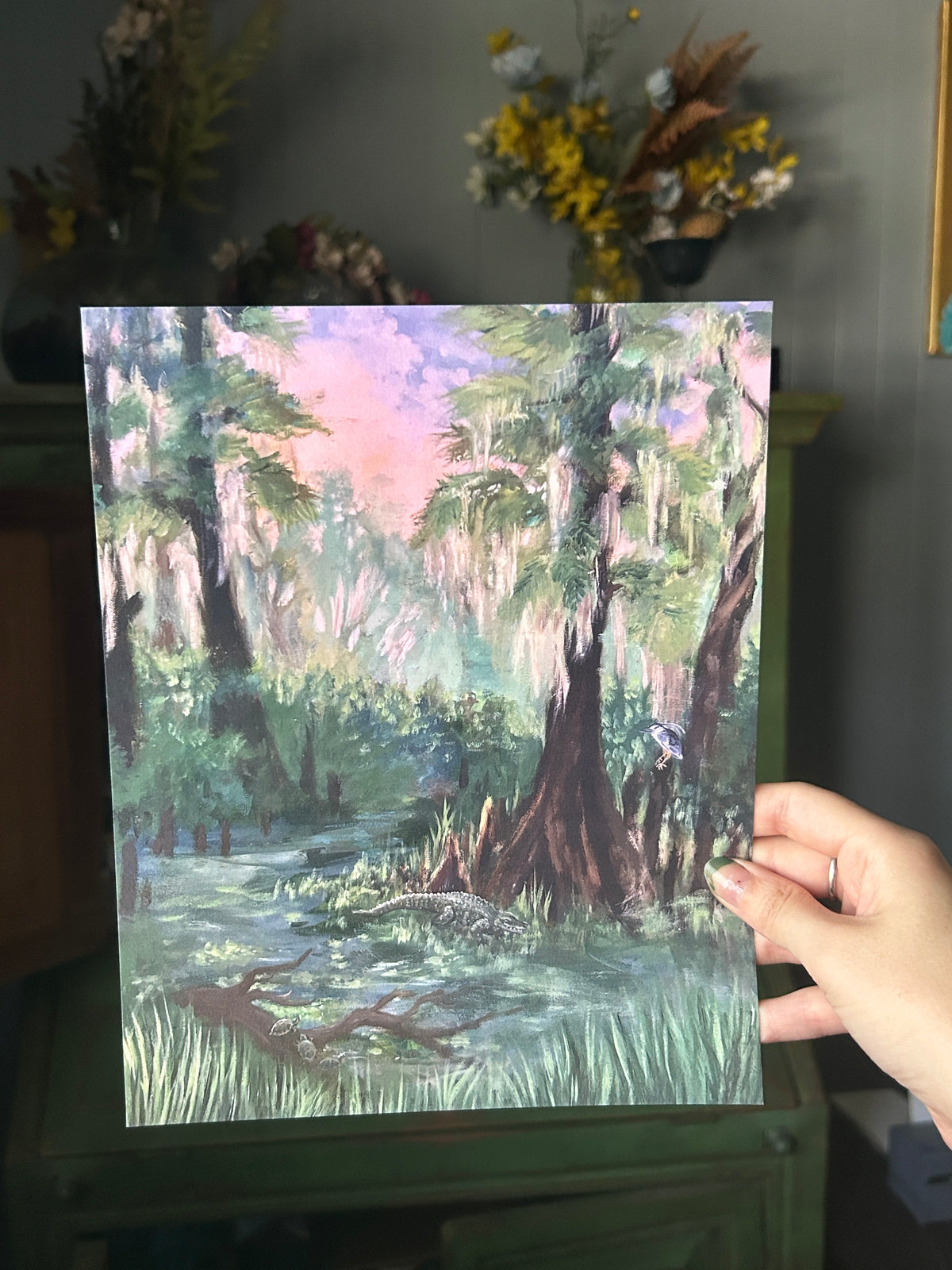 Art print- Twilight in the swamp with alligator, night heron, turtle Lowcountry painting- 8x10