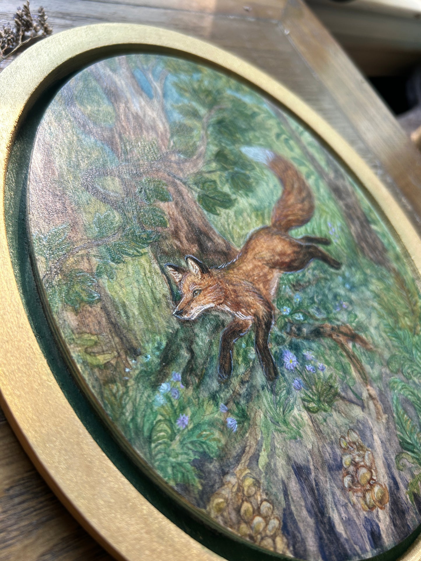 Fox Frolic through the Forest- Original watercolor painting on wood- oval shaped floating frame painting