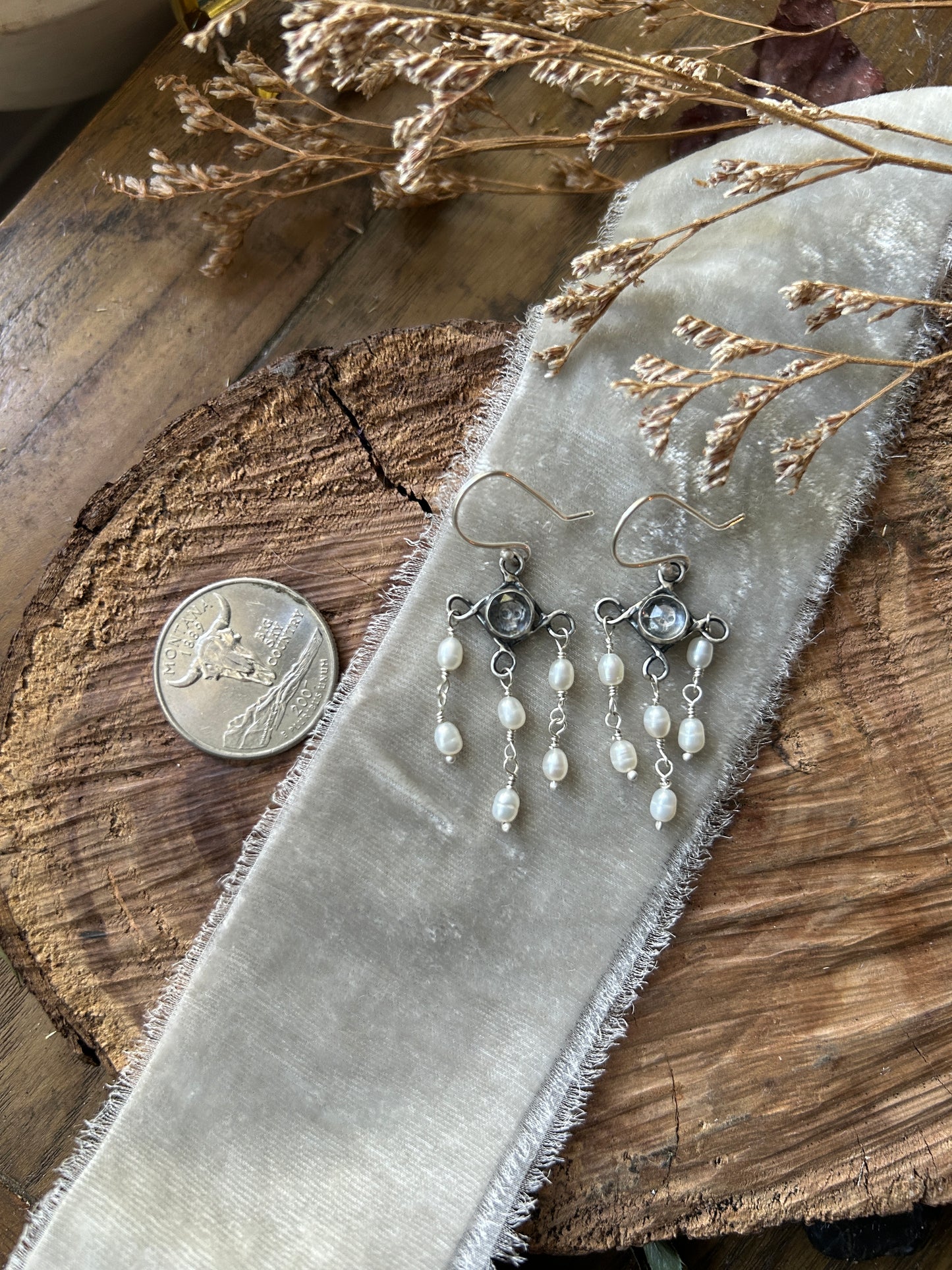 Skull Chandelier Earrings with black or white pearls- sterling silver memento mori jewelry