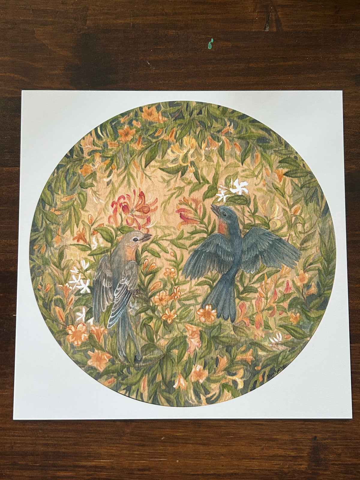 Art print bluebirds in Spring garden watercolor painting botanical jasmine and carolina jessamine