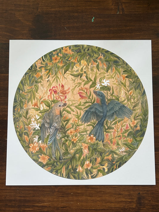 Art print bluebirds in Spring garden watercolor painting botanical jasmine and carolina jessamine