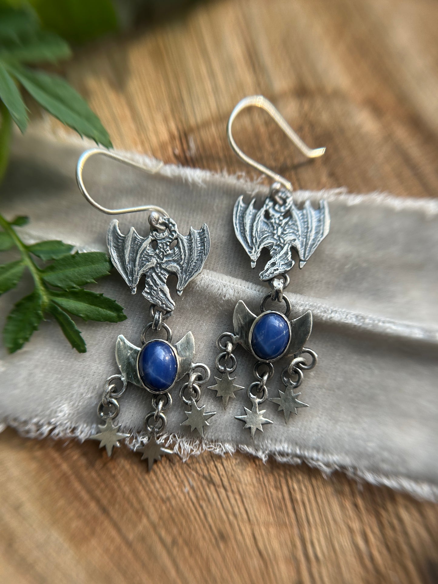 Moon and Starlit Dragon Flight Earrings- blue star sapphire - sterling silver jewelry