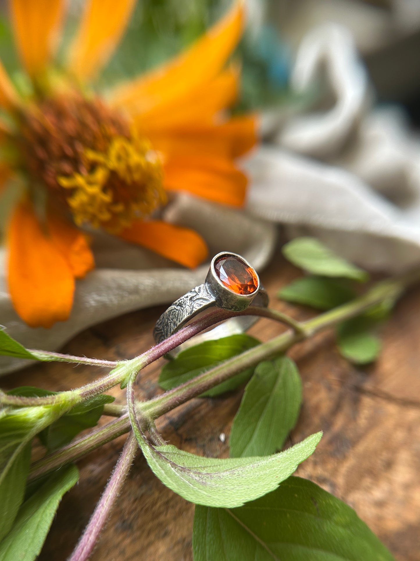 Phoenix in Flight engraved ring with Hessonite Garnet- sterling silver jewelry