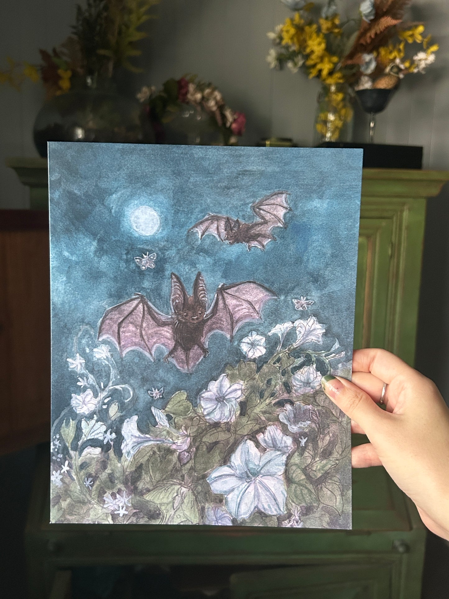 Art print-moonlit garden among bats & moths with moonflowers and star jasmine- 8x10 inches watercolor print