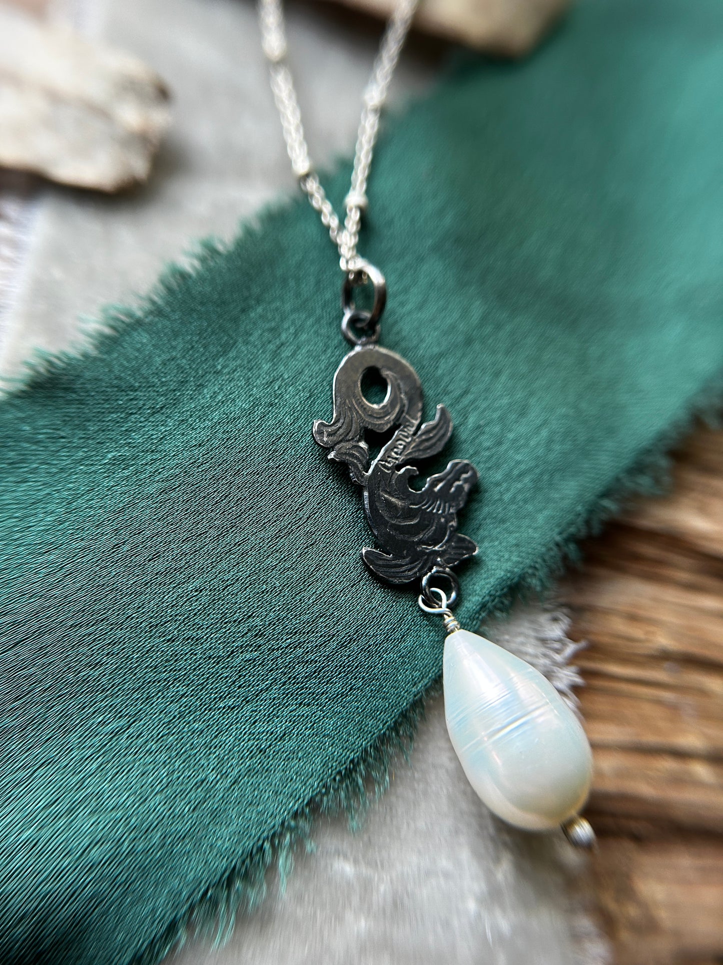 Sea Serpent Dragon with Baroque Pearl Necklace- sterling silver jewelry