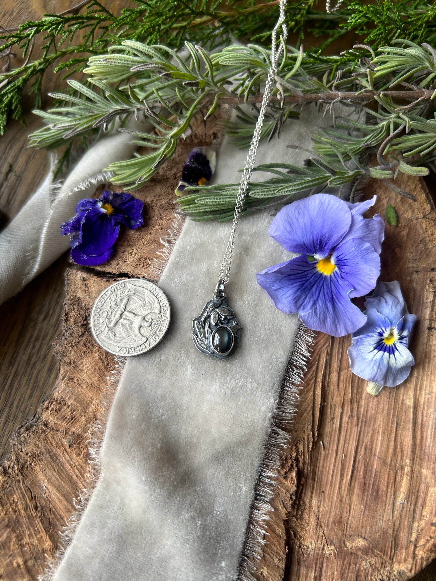 Hellebore with Black Star Sapphire Necklace- sterling silver