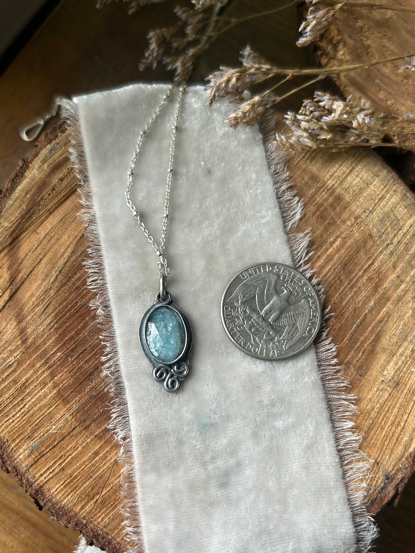 Aqua Kyanite with triskelle spirals and albatross- sterling silver necklace metalsmith made