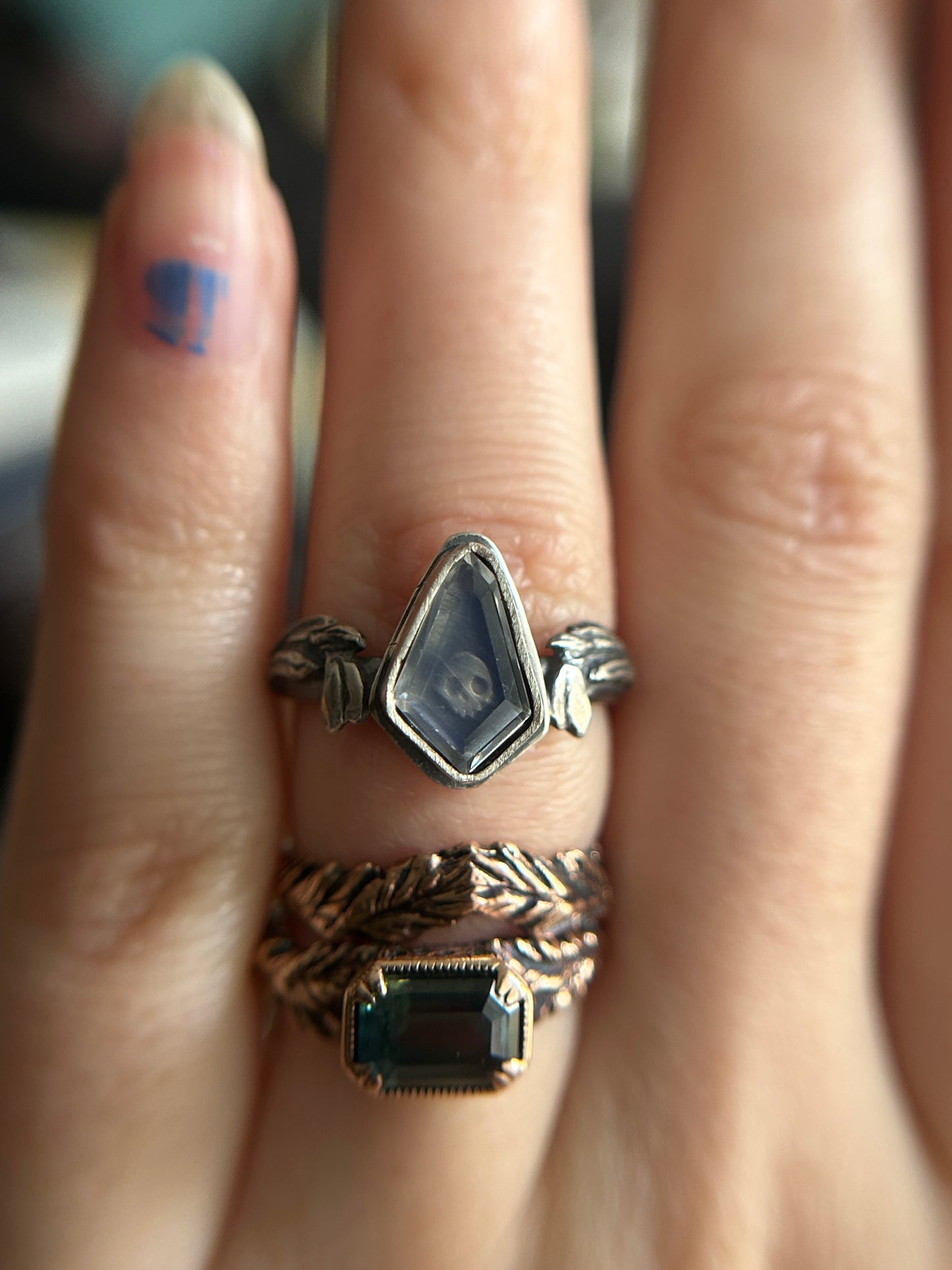 Snowdrop Skull with Portrait Cut Rainbow Moonstone -sterling silver ring finshed to ring size