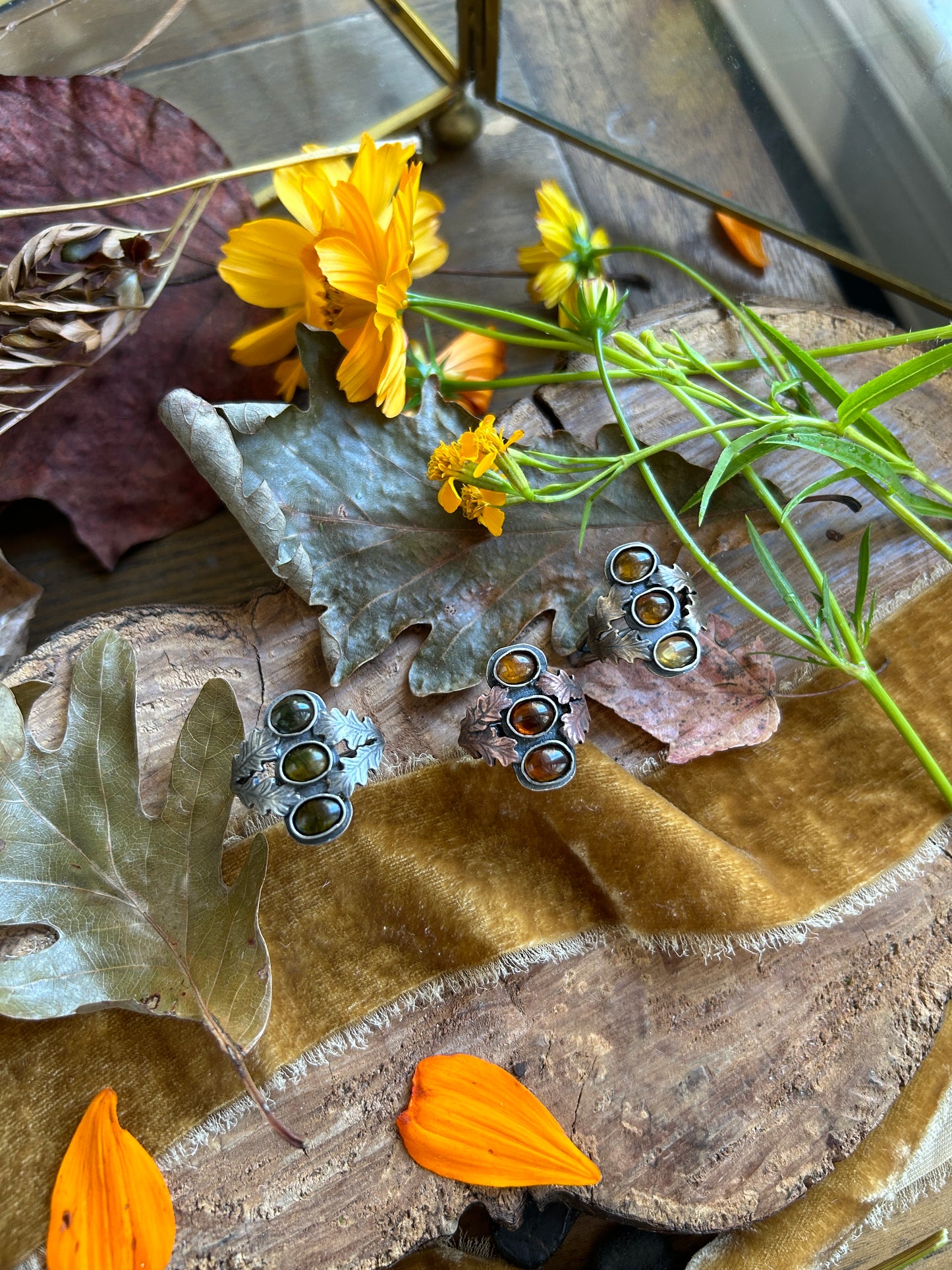 Tourmaline Autumn Forest Rings- any size- choice of green, orange, or yellow. Silver, copper, brass oak leaves