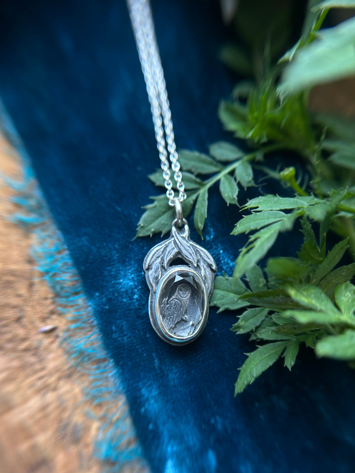 Barn Owl with Willow Tree under portrait cut quartz Necklace- sterling silver jewelry