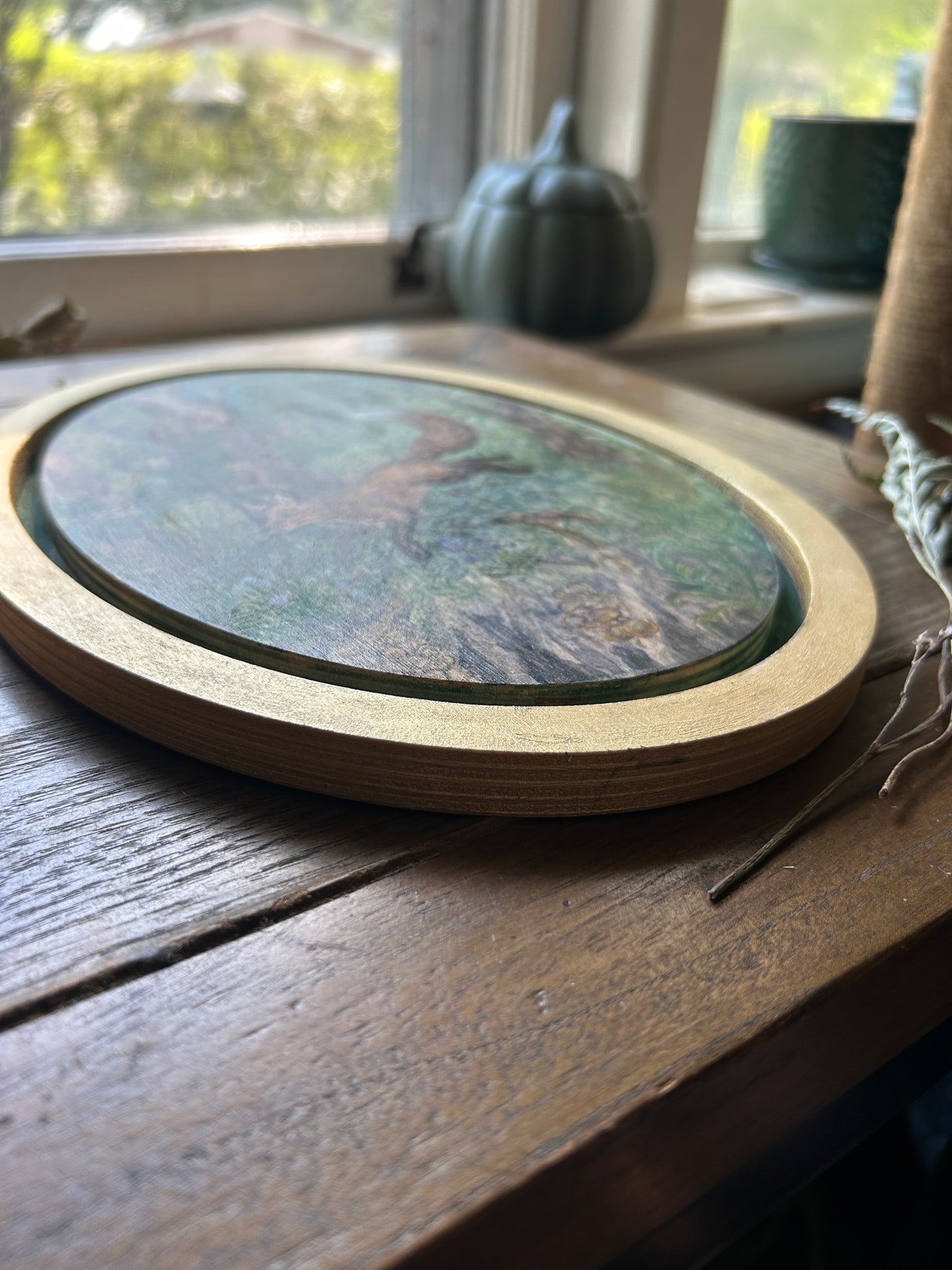 Fox Frolic through the Forest- Original watercolor painting on wood- oval shaped floating frame painting