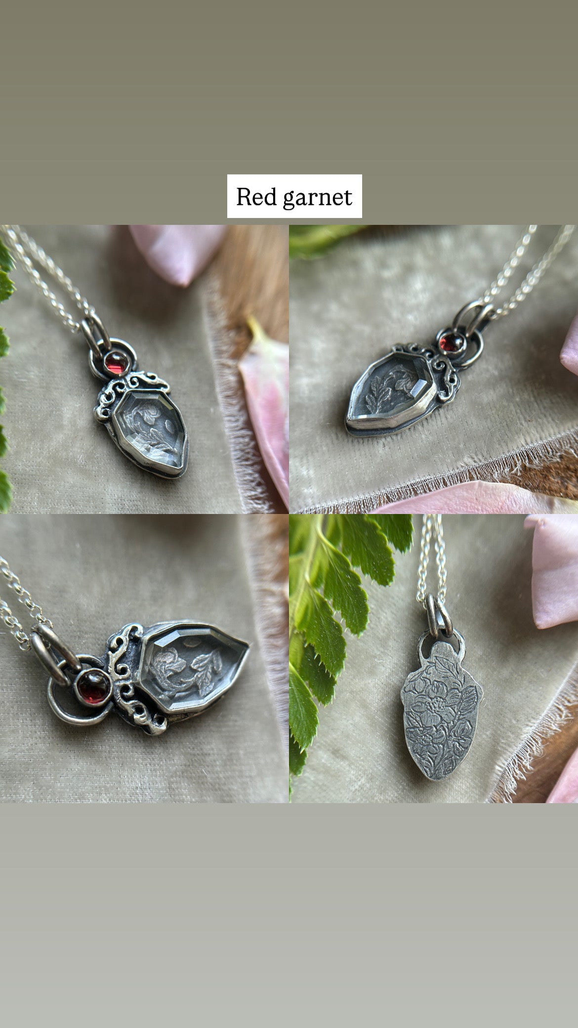 Enchanted rose necklace with portrait cut quartz & choice of garnet or rose quartz- Sterling silver jewelry