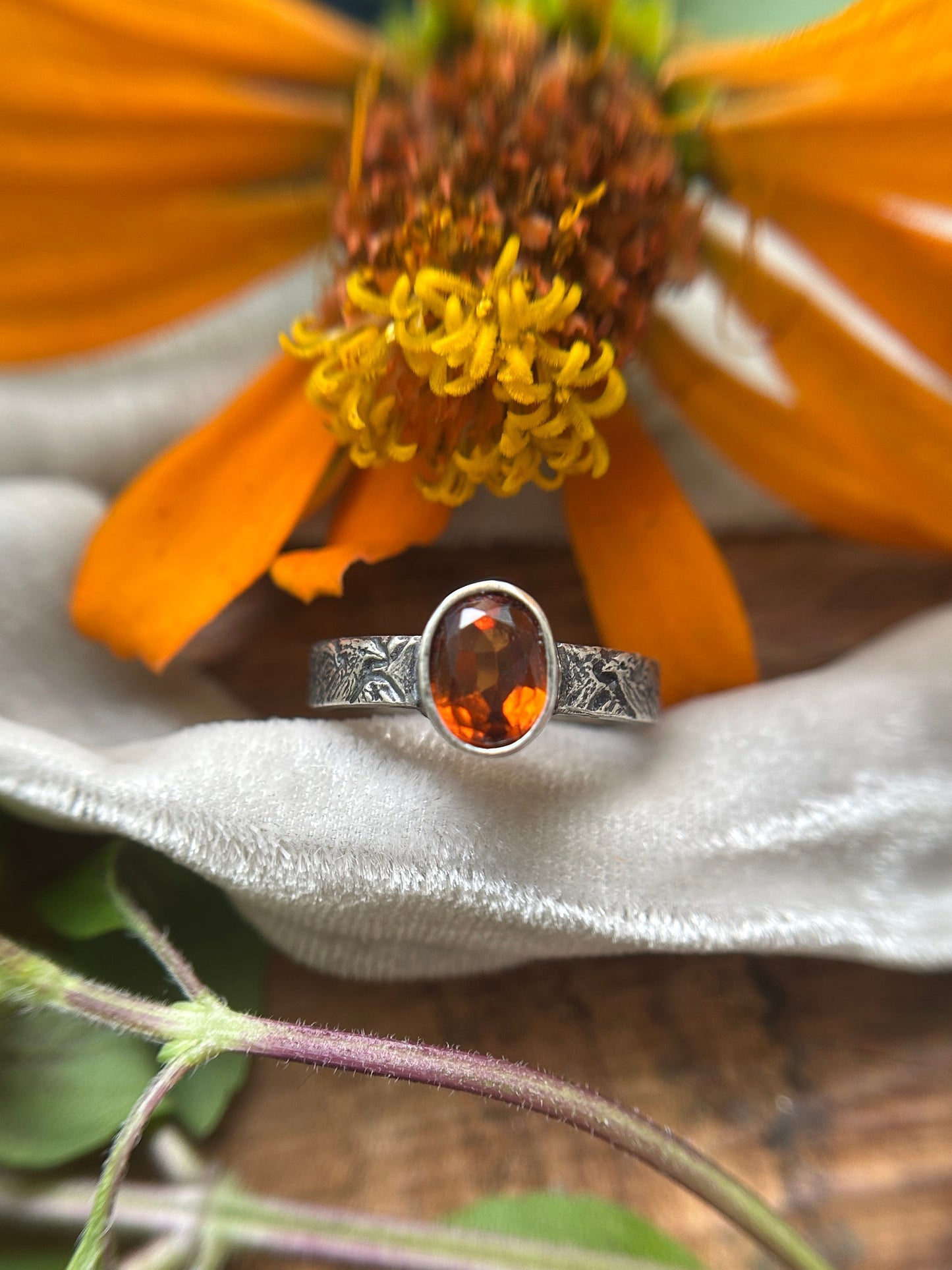 Phoenix in Flight engraved ring with Hessonite Garnet- sterling silver jewelry