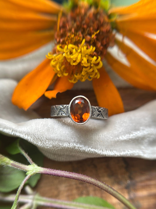 Phoenix in Flight engraved ring with Hessonite Garnet- sterling silver jewelry