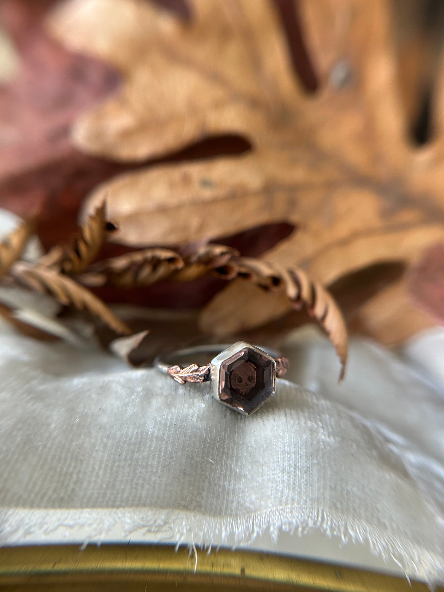 Preorder-autumn peach quartz oak leaf ring with your choice of under gem design- Sterling silver jewelry