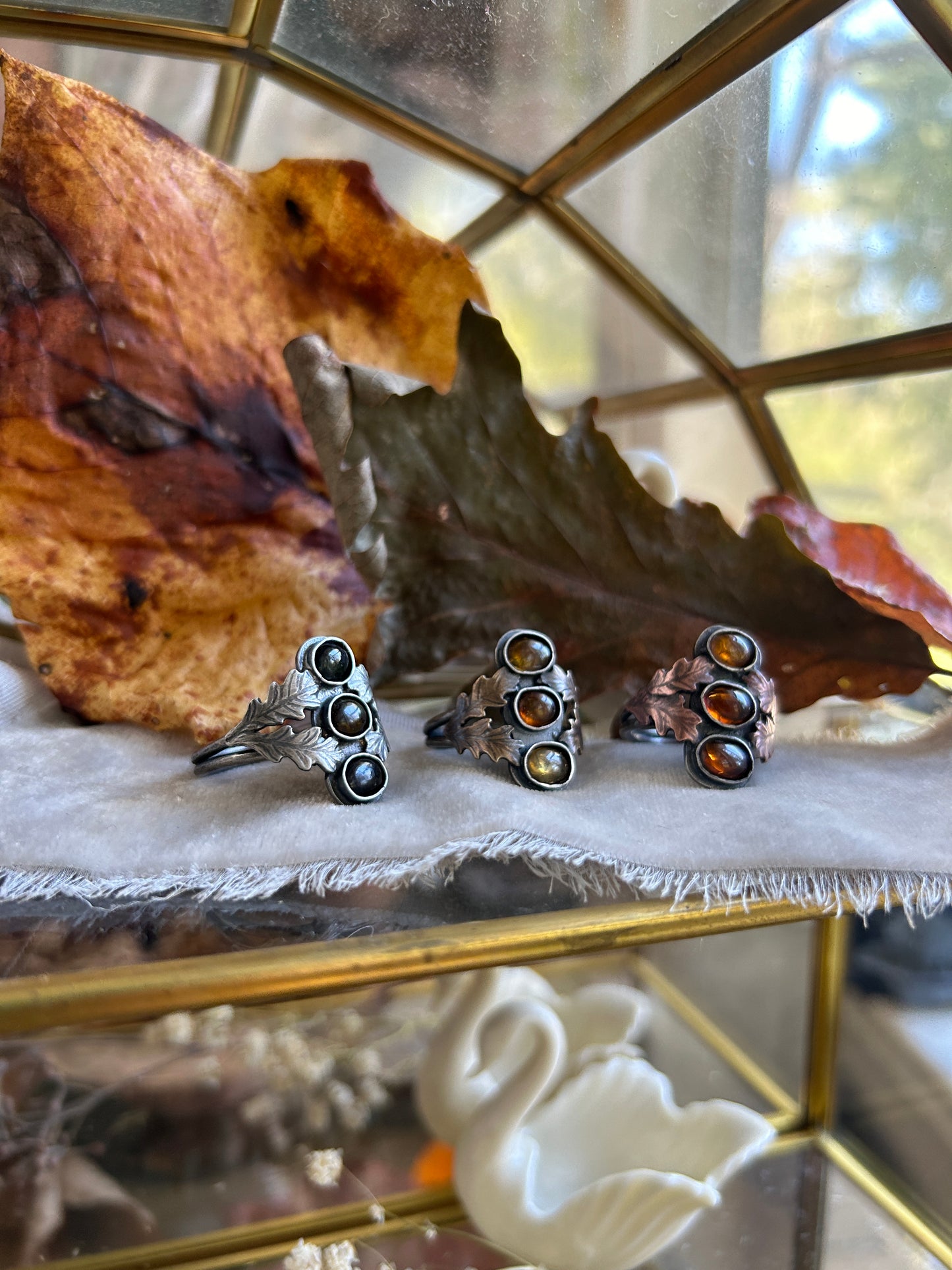 Tourmaline Autumn Forest Rings- any size- choice of green, orange, or yellow. Silver, copper, brass oak leaves