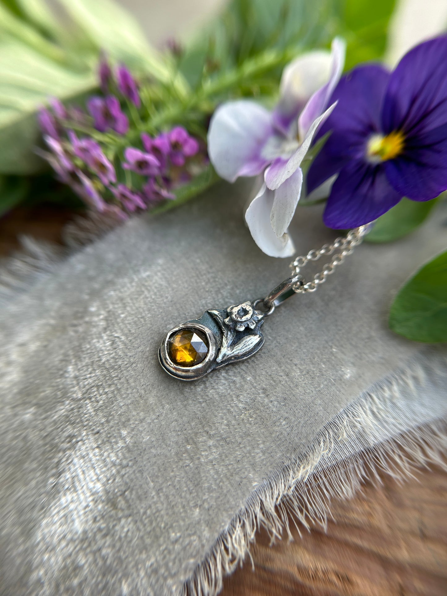 Mini Daffodil with golden sphene Necklace- sterling silver floral jewelry