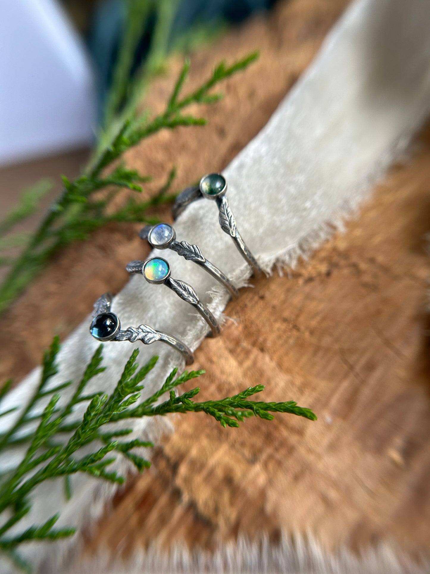 Winter woodland stacker rings- choice of gemstone, leaves, and ring size