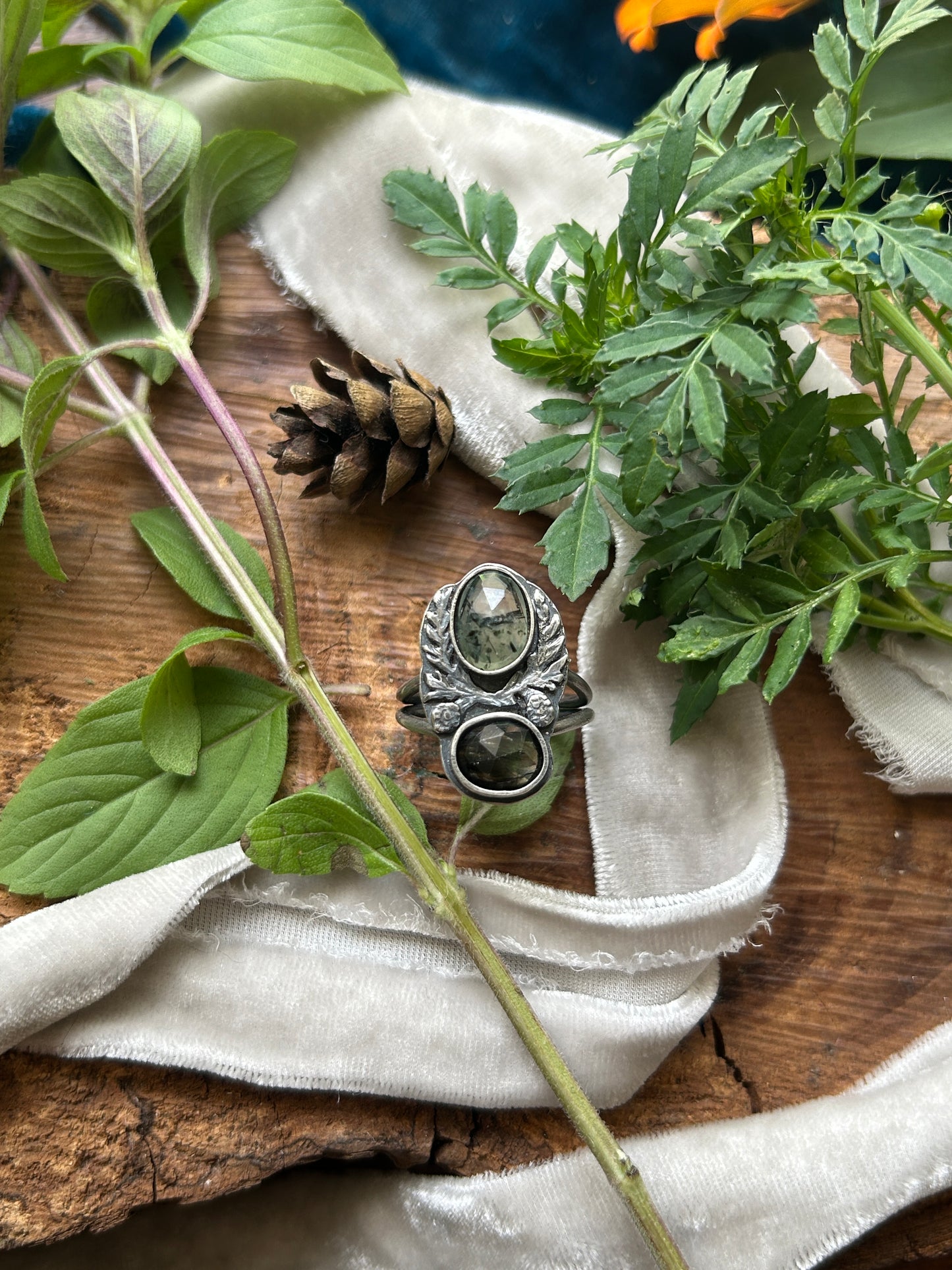 Eastern Hemlock Branches with Prehnite and Peridot ludwigite Ring- sterling silver jewelry
