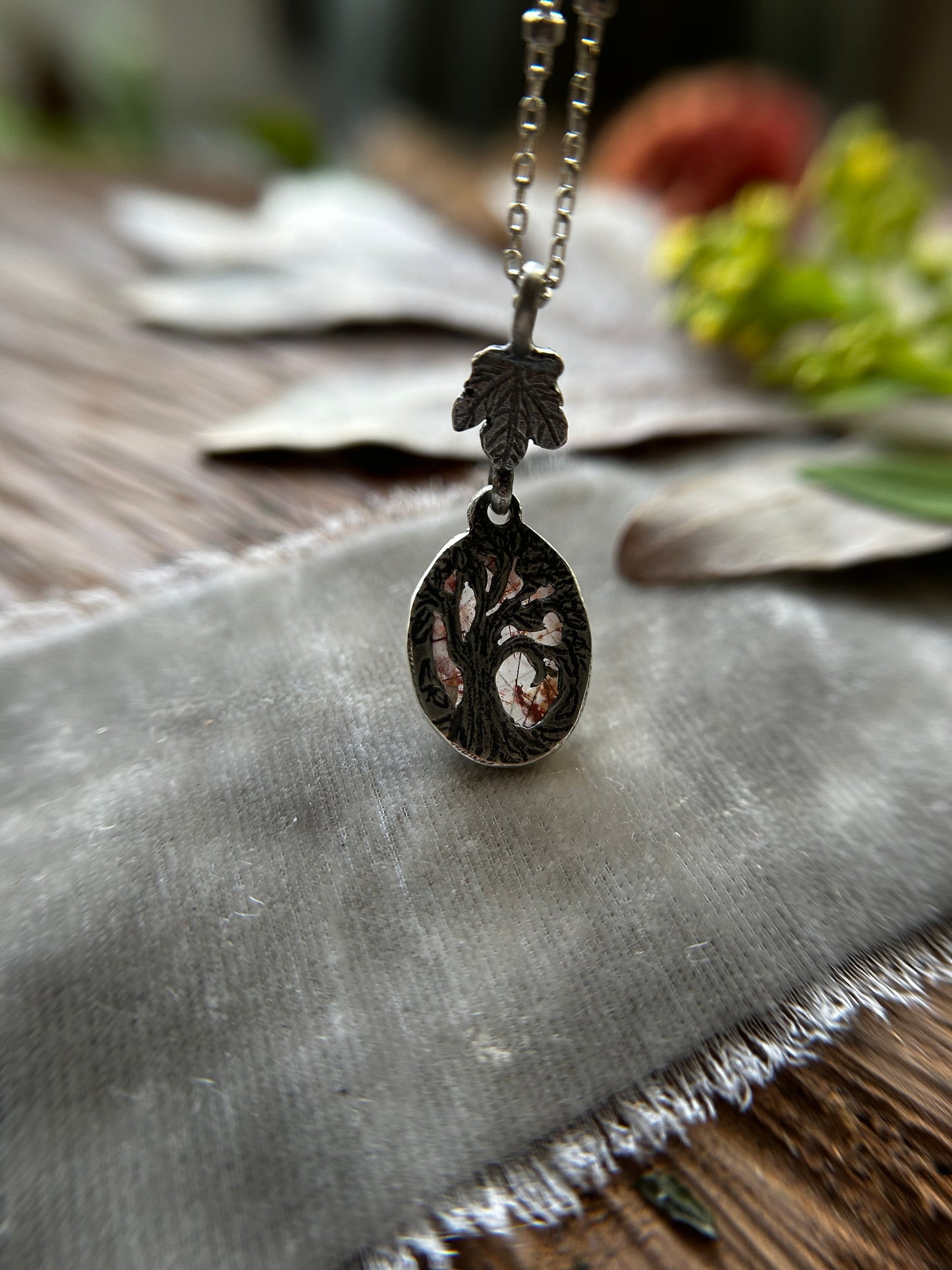Red Rutilated Quartz Necklace with Maple Leaf & hidden tree detail- sterling silver jewelry