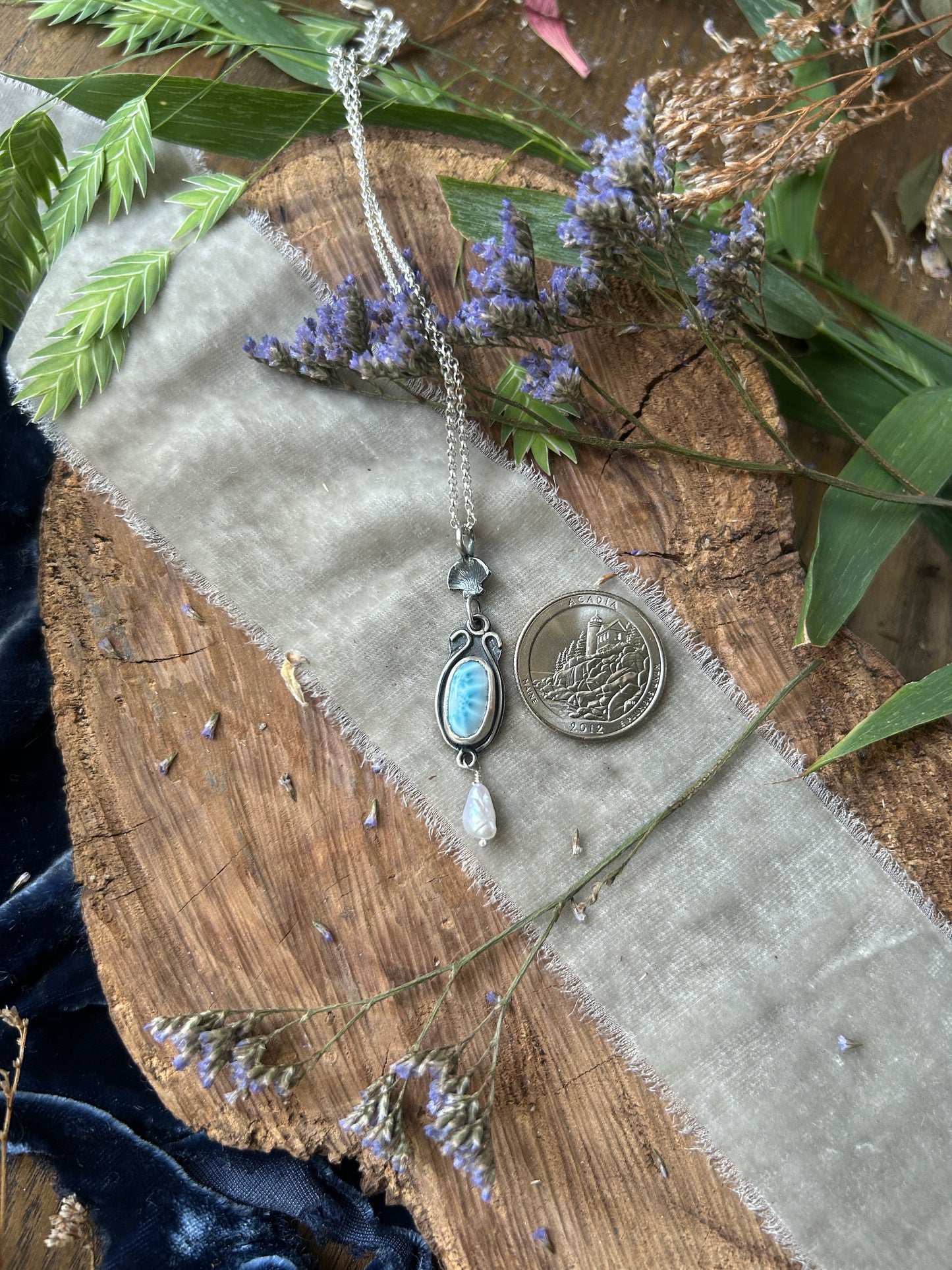 Larimar and Pearl Necklace with sailing ship- sterling silver jewelry