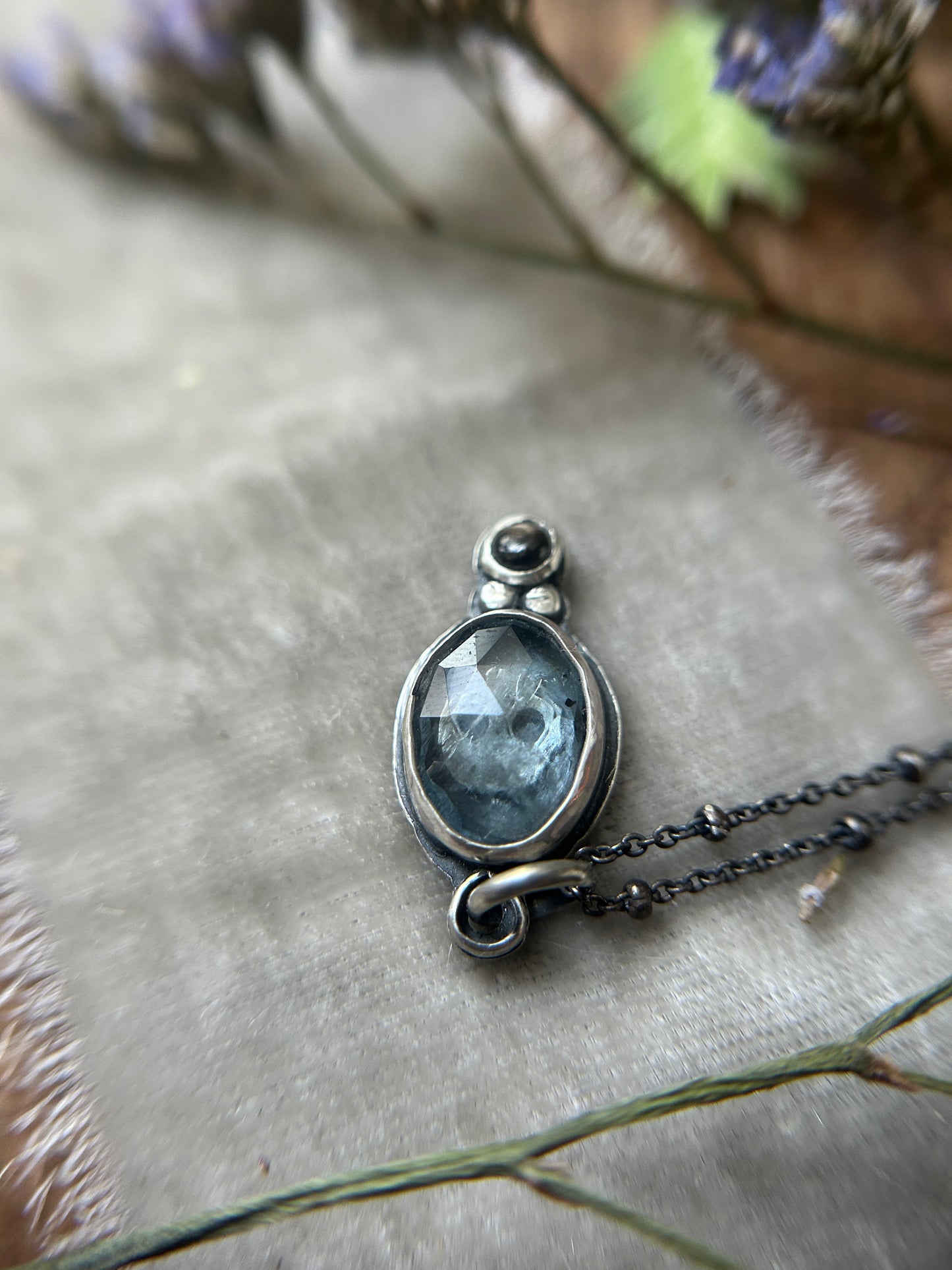 Moss Aquamarine Memento Mori Skull Necklace- sterling silver jewelry