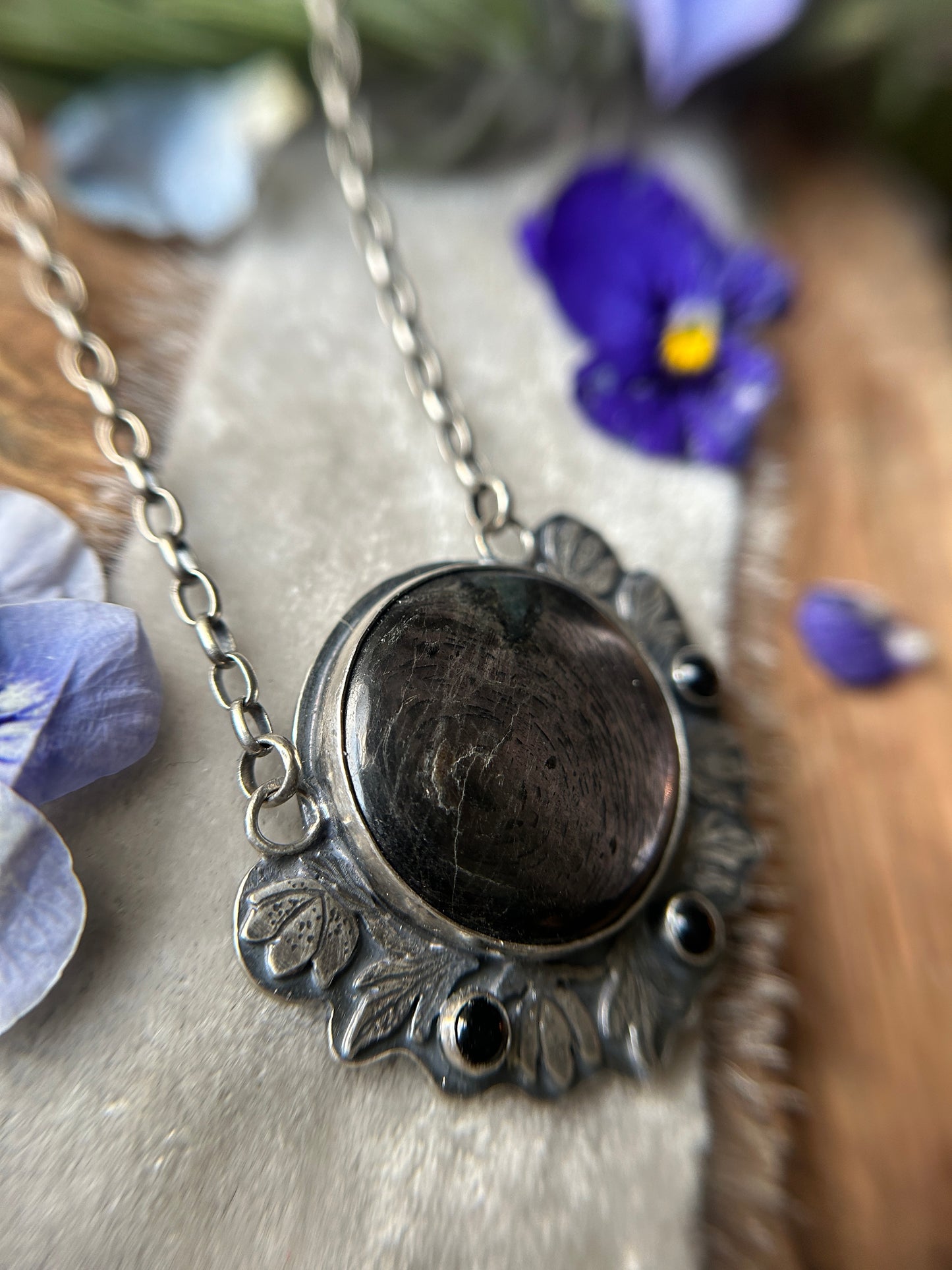 Hellebore Flowers with Hypersenthe and Black onyx- sterling silver necklace with adjustable chain