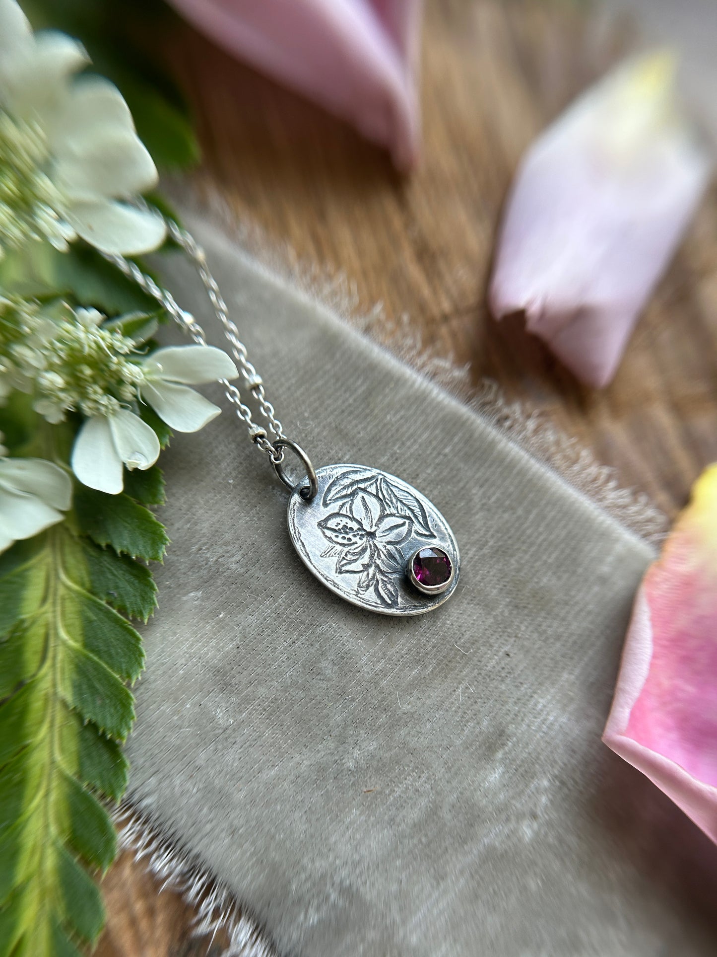 Azalea with rhodolite garnet necklace- Sterling silver jewelry