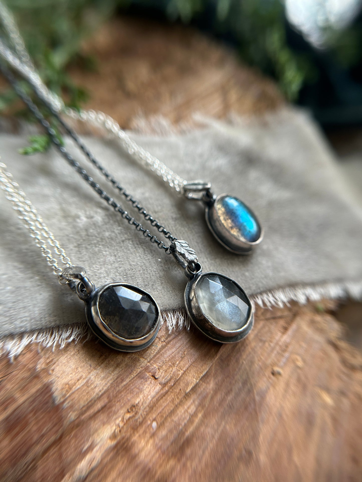 Simple Leaf Gemstone Necklace- choice of black moonstone, grey moonstone, or labradorite