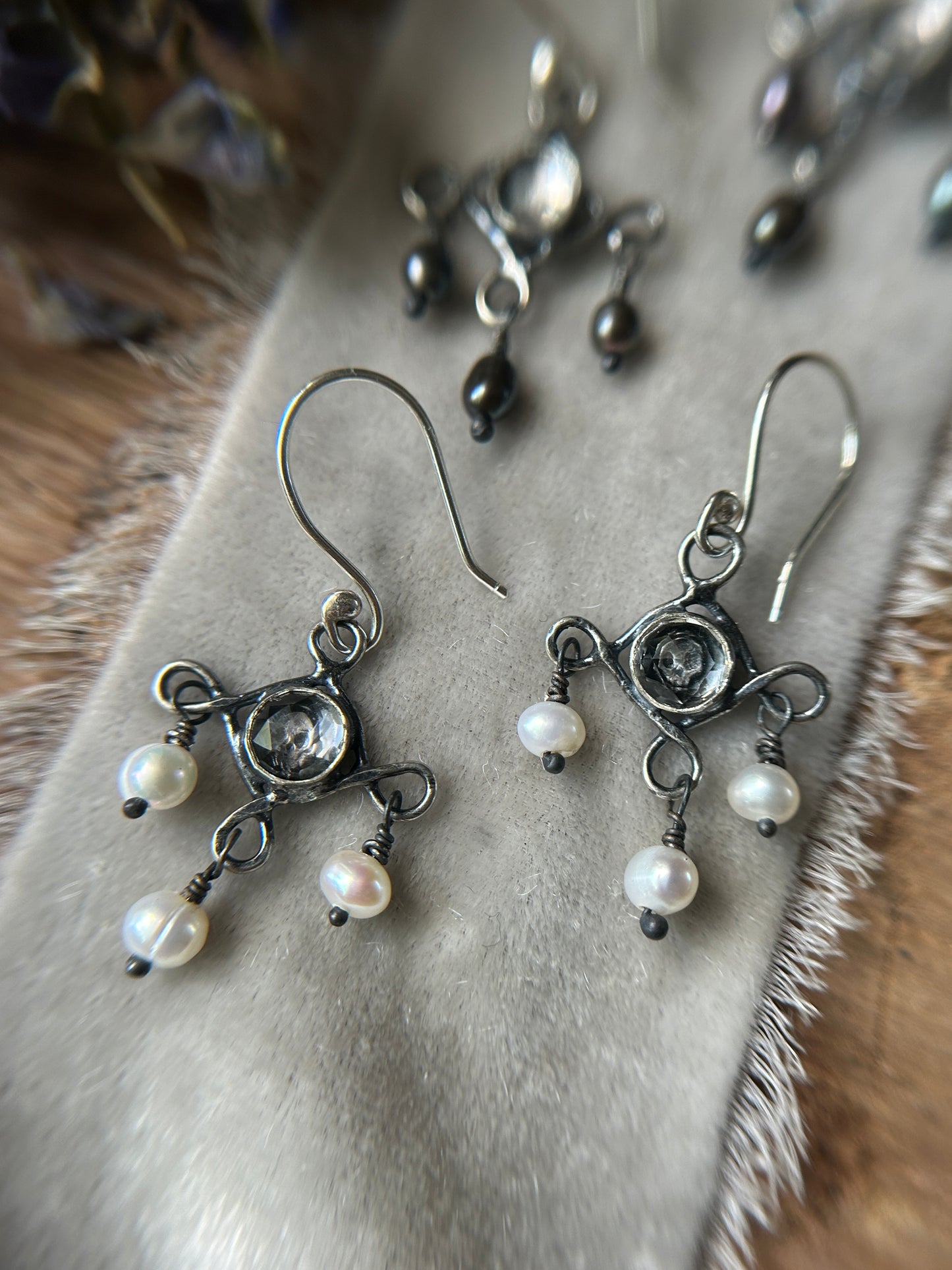 Skull Chandelier Earrings with black or white pearls- sterling silver memento mori jewelry