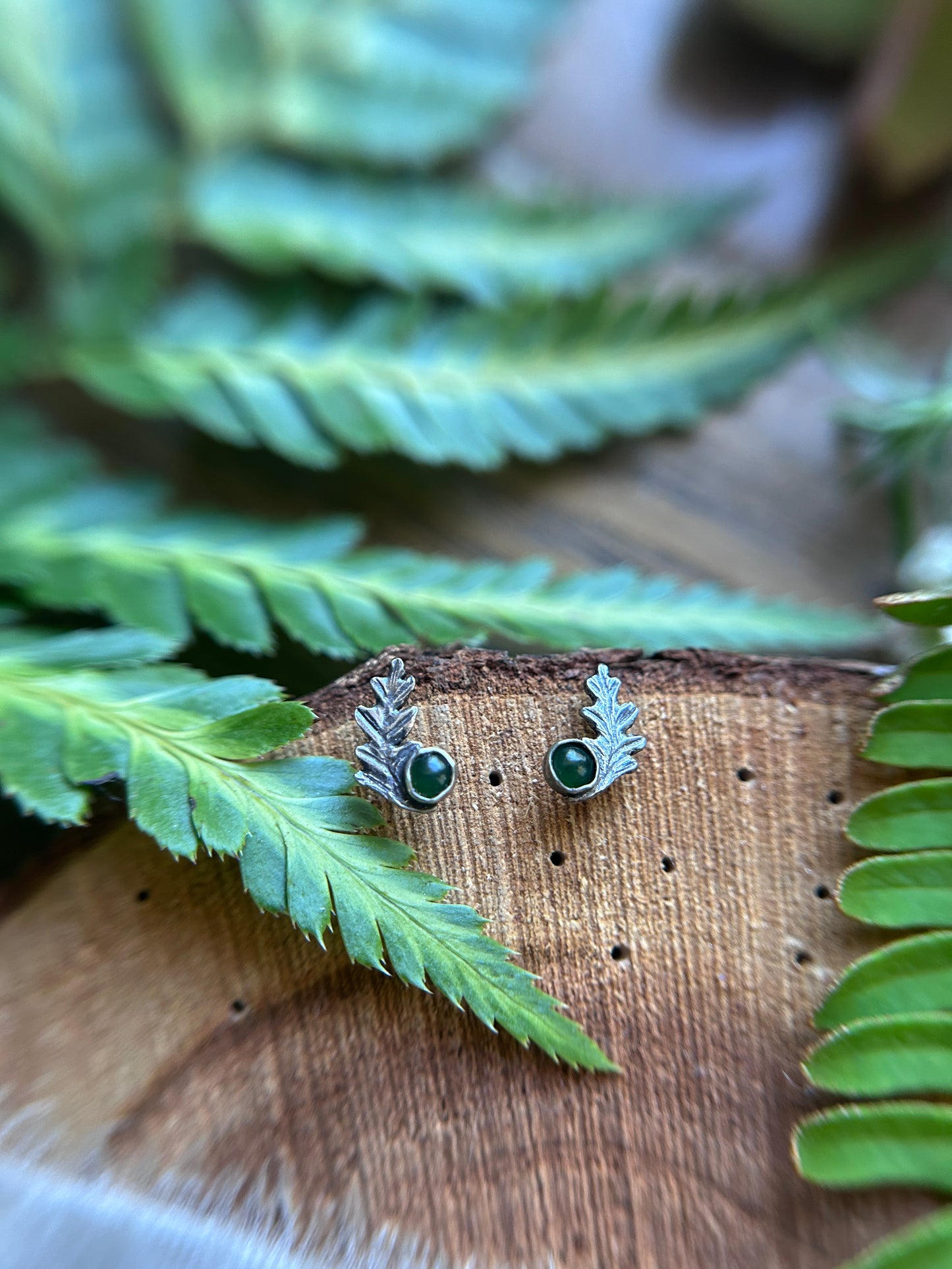 Fern Sprigs with Jade earrings- post style sterling silver jewelry