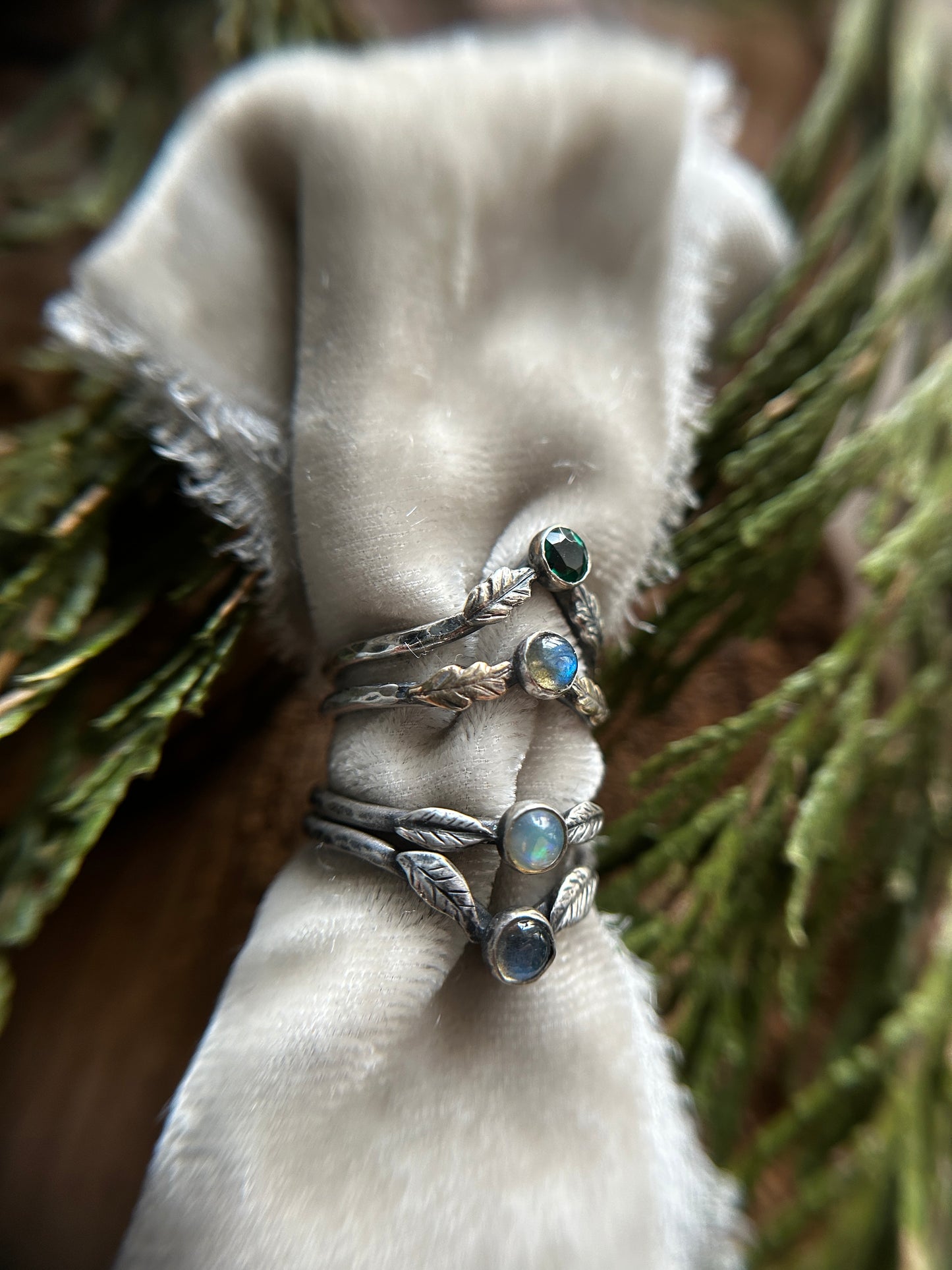 Woodland leaf stackable ring- choice of gemstone, leaves, and ring size sterling silver with choice of brass or copper made to order jewelry