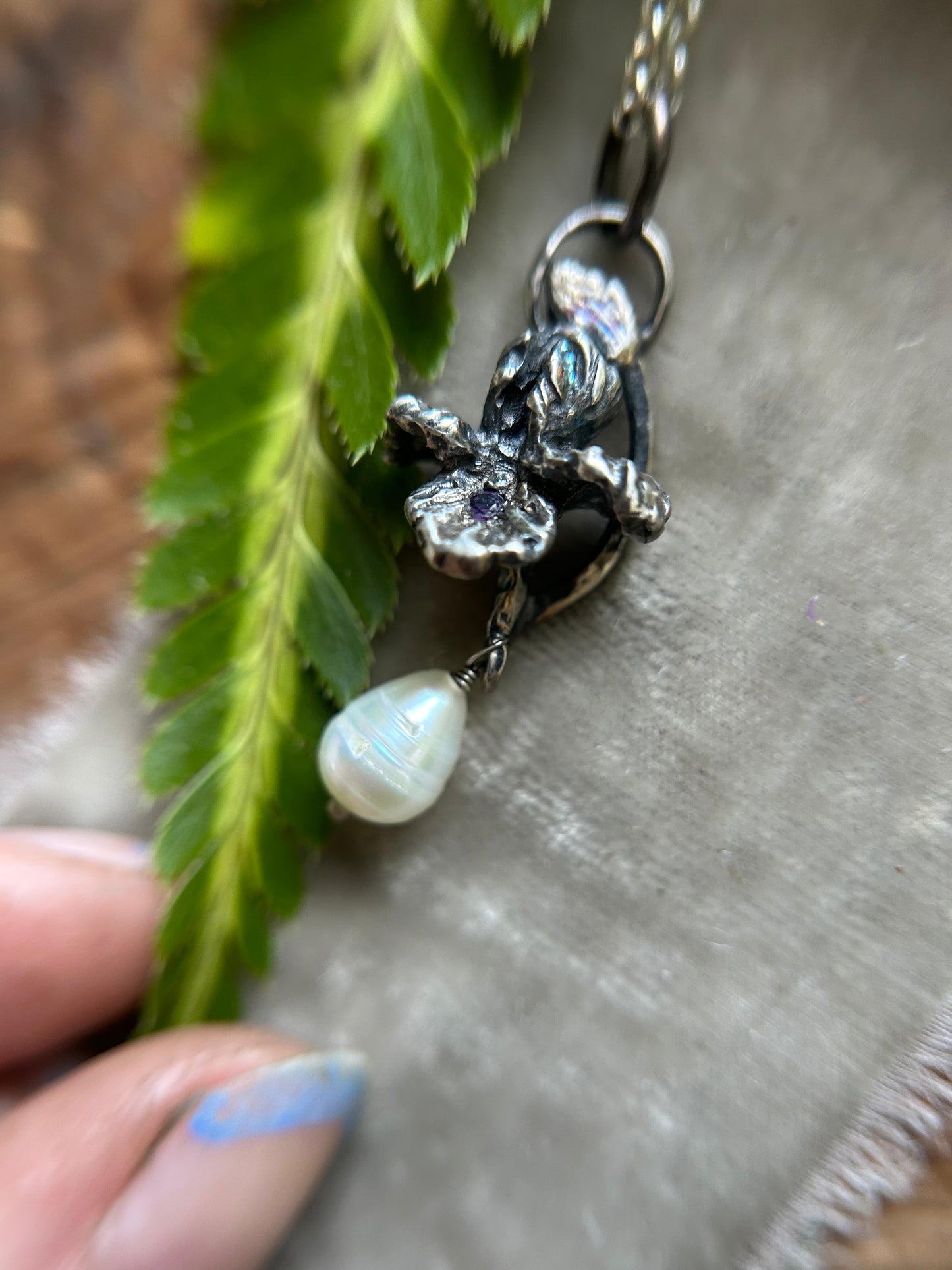 Iris with amethyst and baroque pearl drop necklace- Sterling silver jewelry