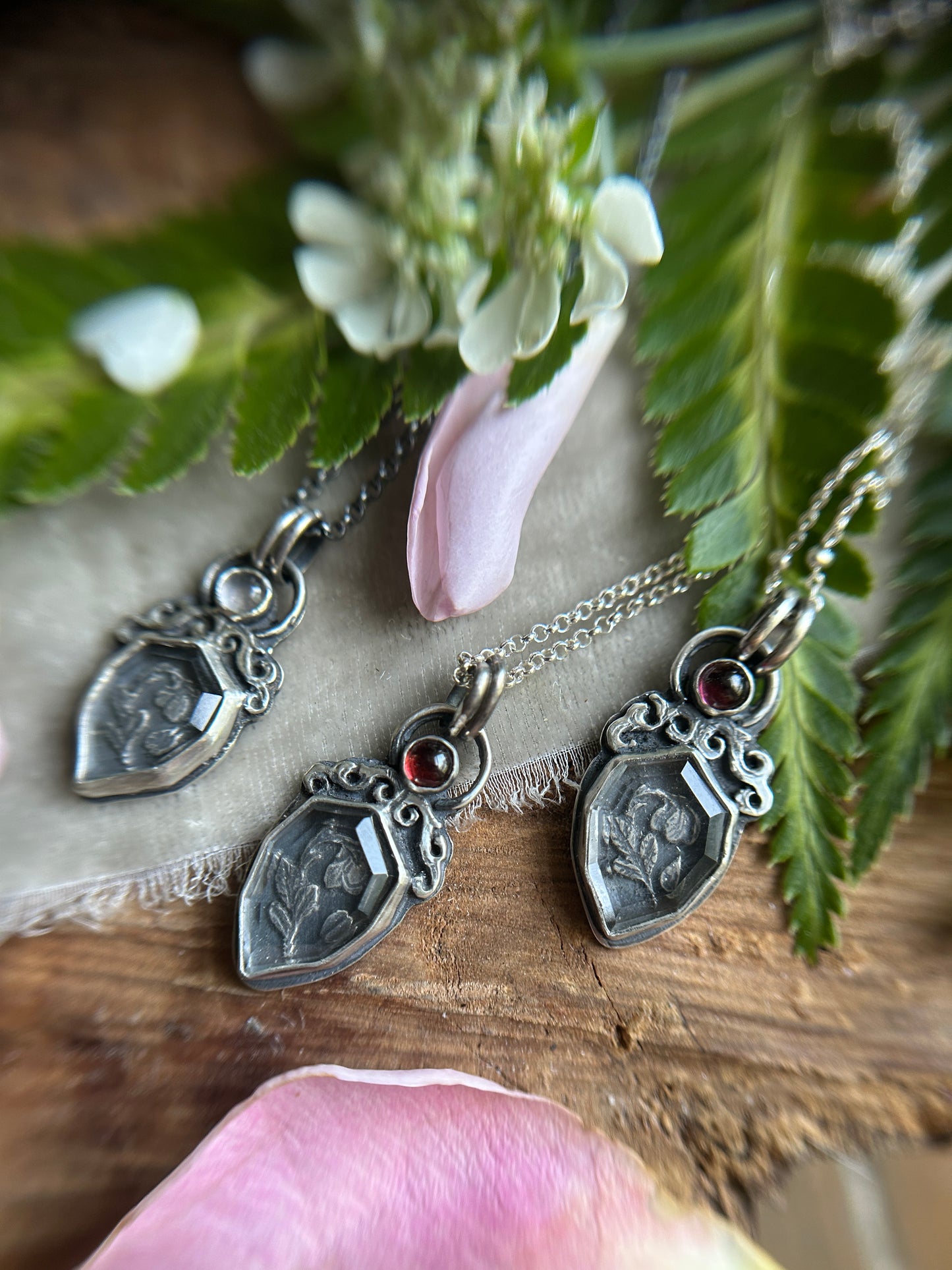 Enchanted rose necklace with portrait cut quartz & choice of garnet or rose quartz- Sterling silver jewelry