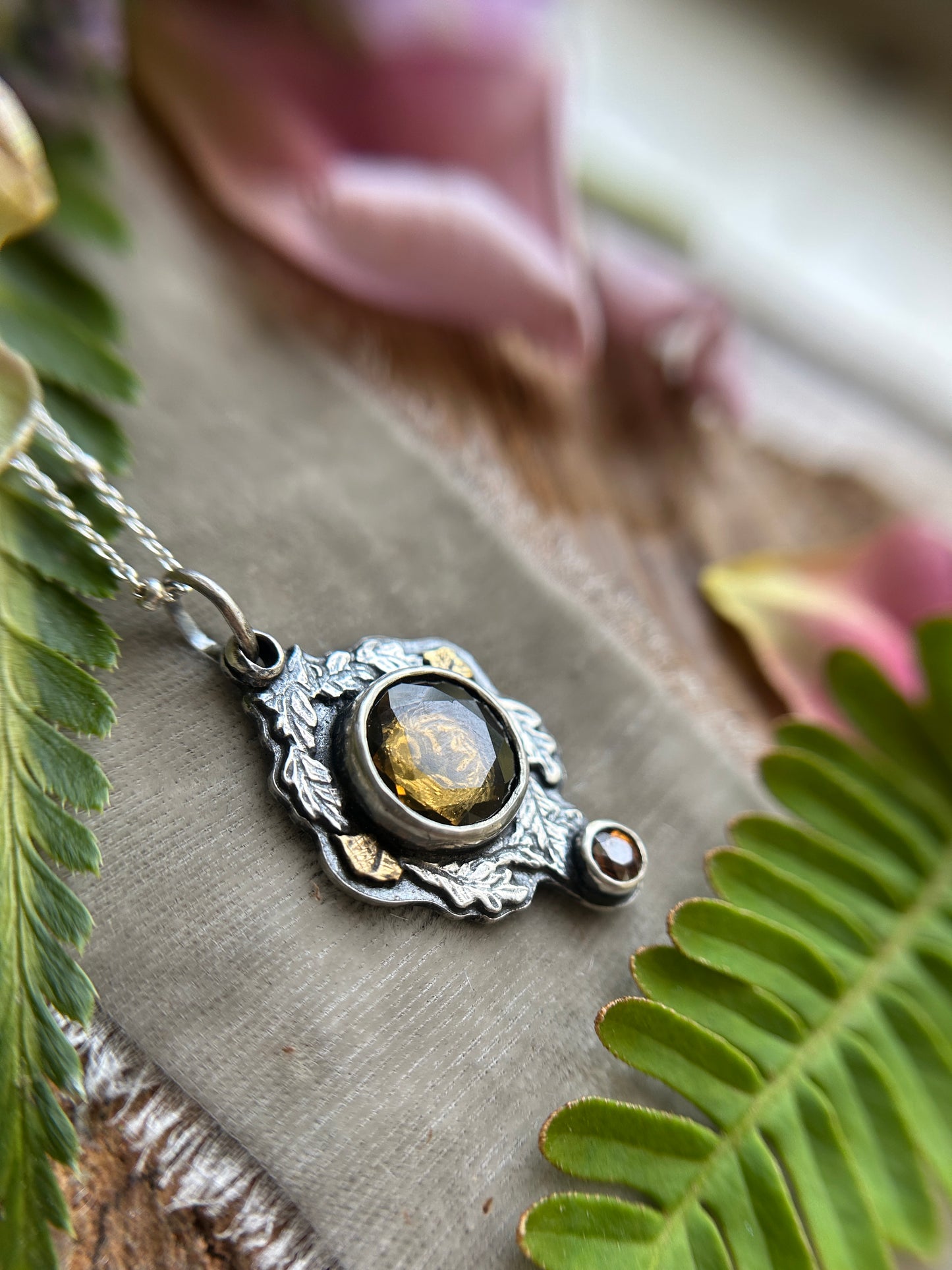 Hibernating chipmunk with portrait cut citrine & zircon necklace- Sterling silver and brass jewelry
