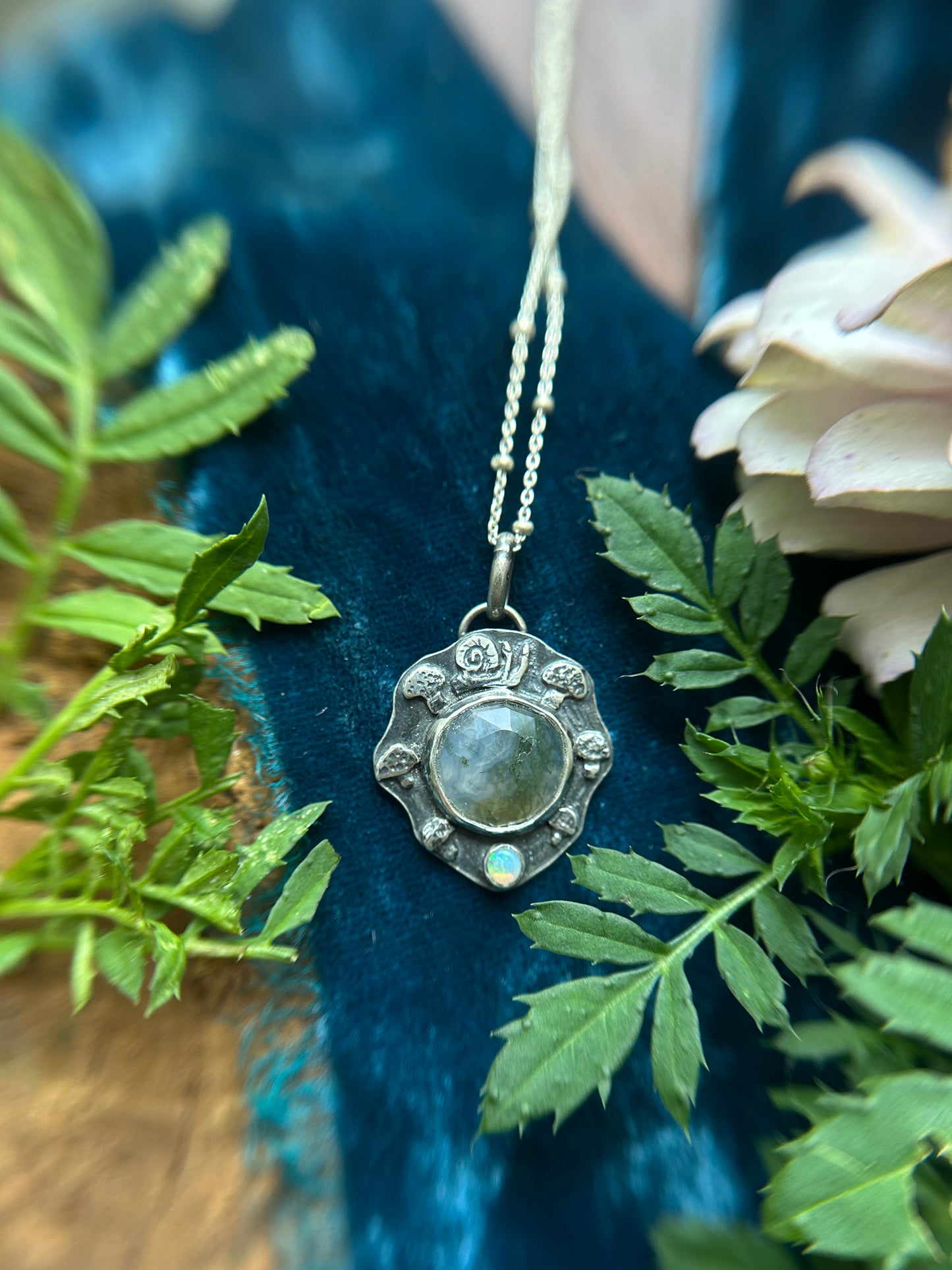 Fairy Ring Necklace with moss agate, opal, snail, and mushrooms- sterling silver jewelry