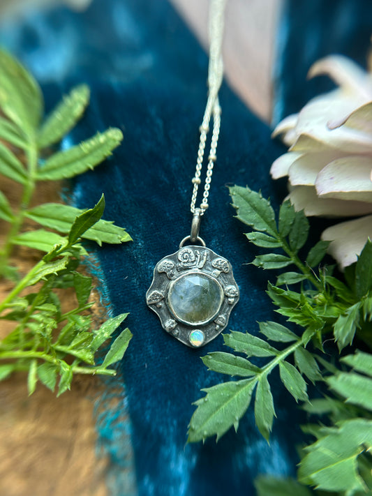 Fairy Ring Necklace with moss agate, opal, snail, and mushrooms- sterling silver jewelry