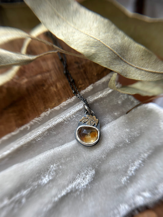 Citrine and Brass Oak Leaf and Acorn Necklace- sterling silver jewelry