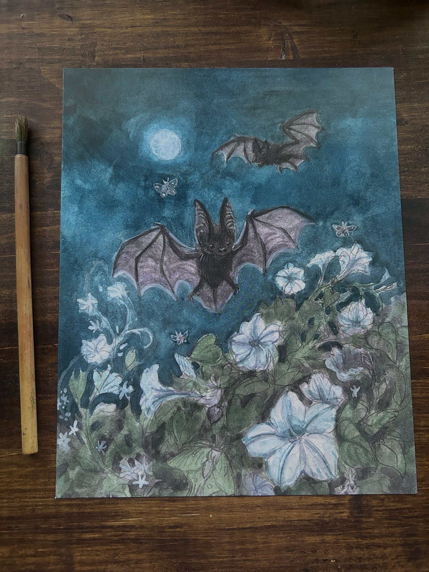 Art print-moonlit garden among bats & moths with moonflowers and star jasmine- 8x10 inches watercolor print