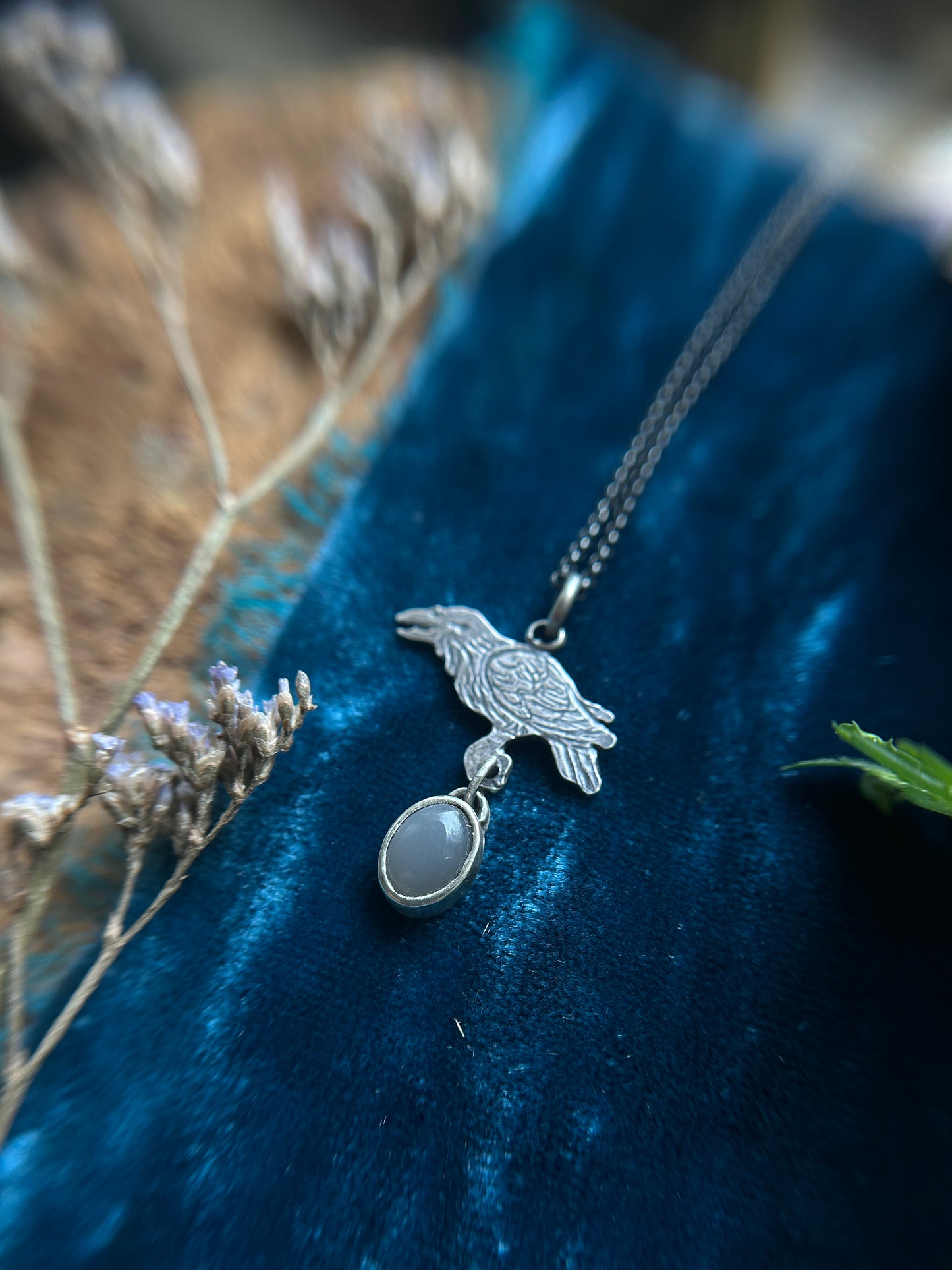 Raven with Grey Moonstone Necklace- Sterling silver jewelry